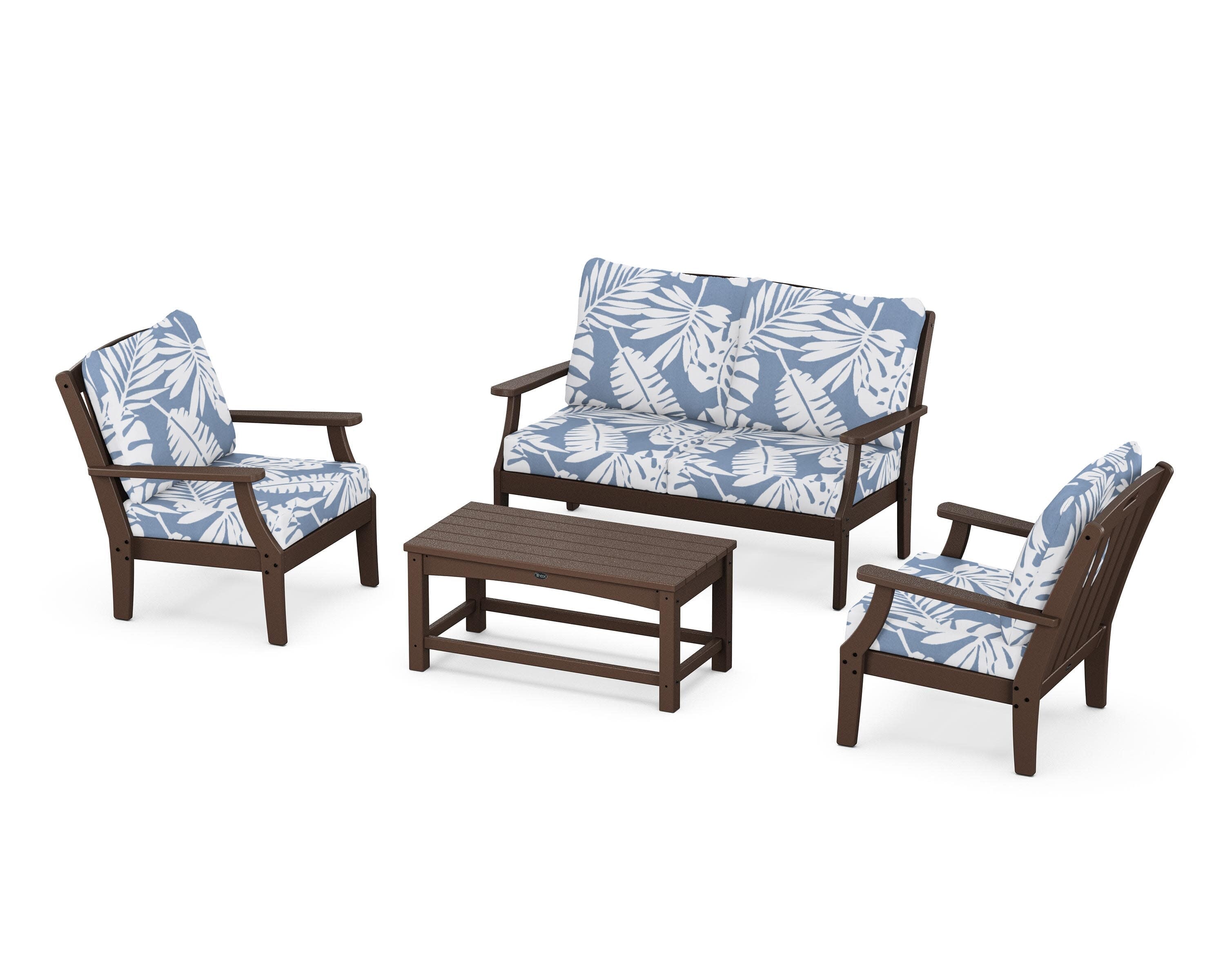Yacht Club 4-Piece Deep Seating Chair Set in Vintage Lantern / Leaf Sky Blue