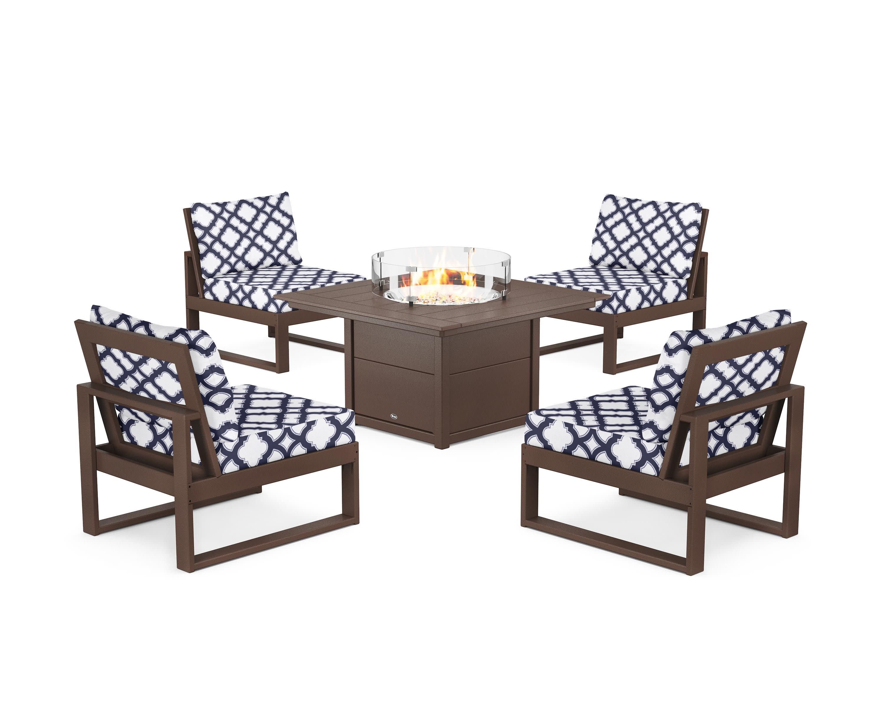 Eastport Modular 5-Piece Deep Seating Set with Square Fire Pit Table in Vintage Lantern / Trellis Navy