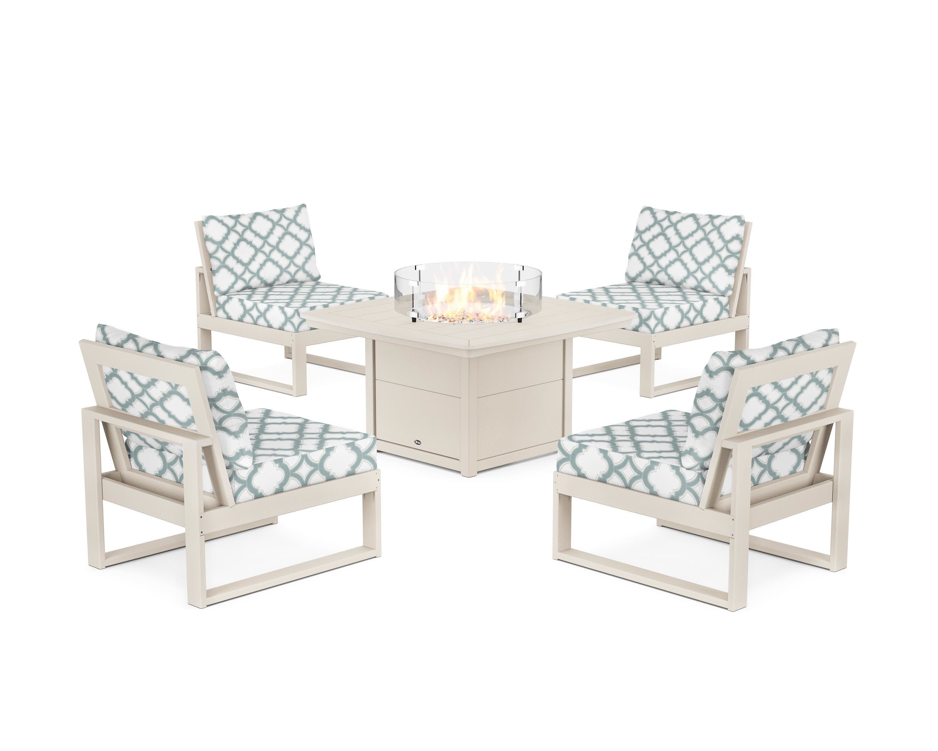 Eastport Modular 5-Piece Deep Seating Set with Yacht Club Fire Pit Table in Sand Castle / Trellis Glacier Spa