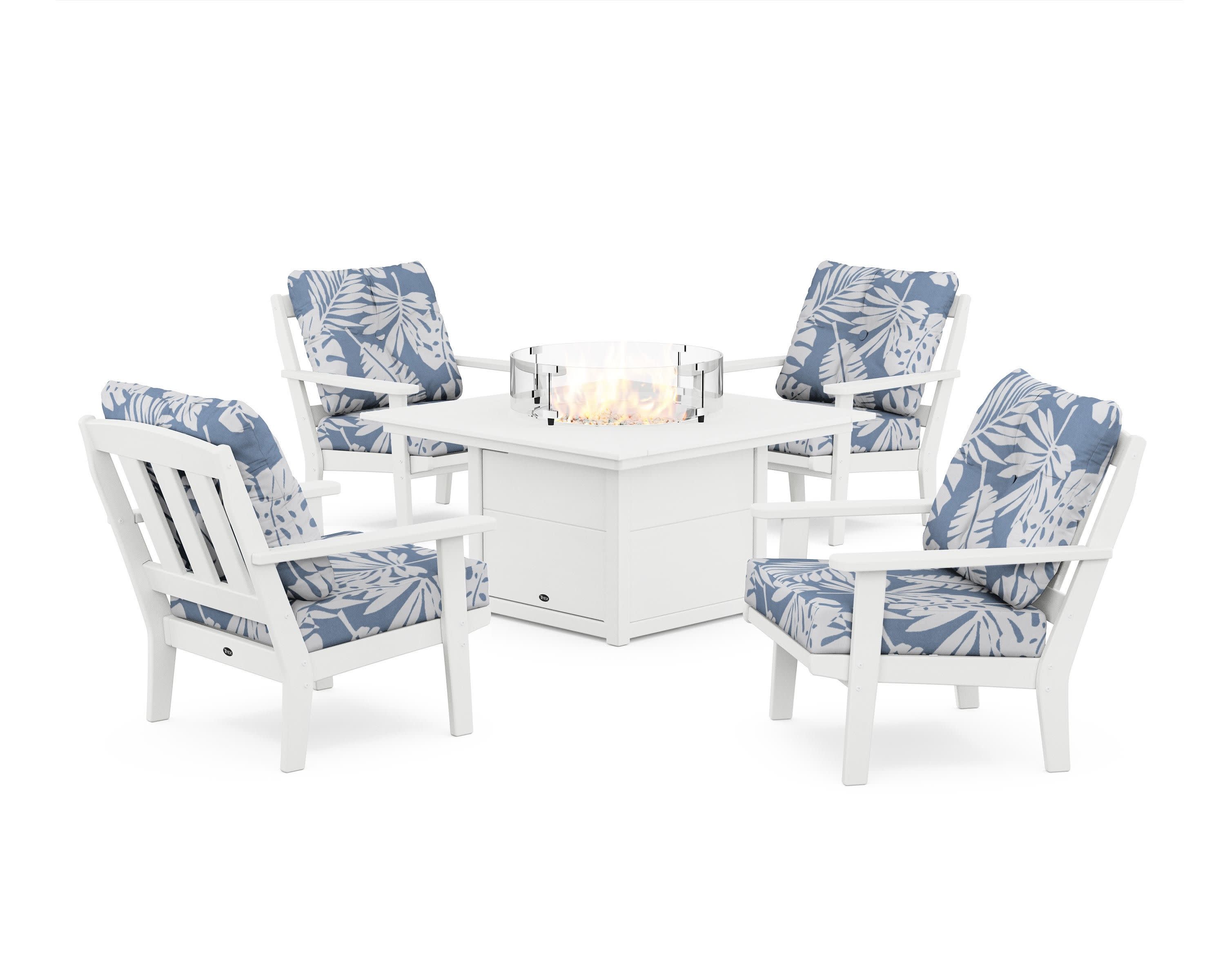 Cape Cod 5-Piece Deep Seating Set with Fire Pit Table in Classic White / Leaf Sky Blue