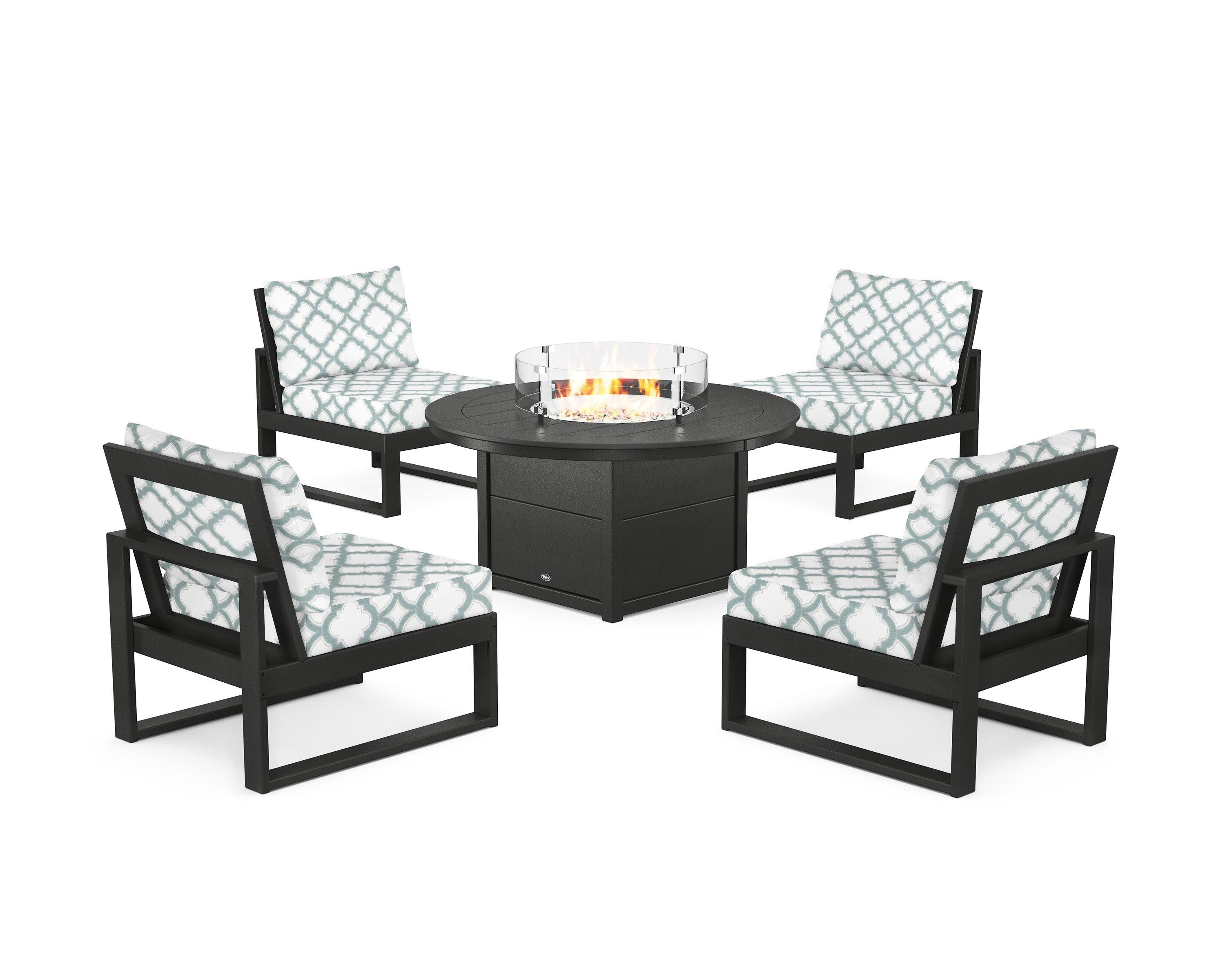 Eastport Modular 5-Piece Deep Seating Set with Round Fire Pit Table in Charcoal Black / Trellis Glacier Spa