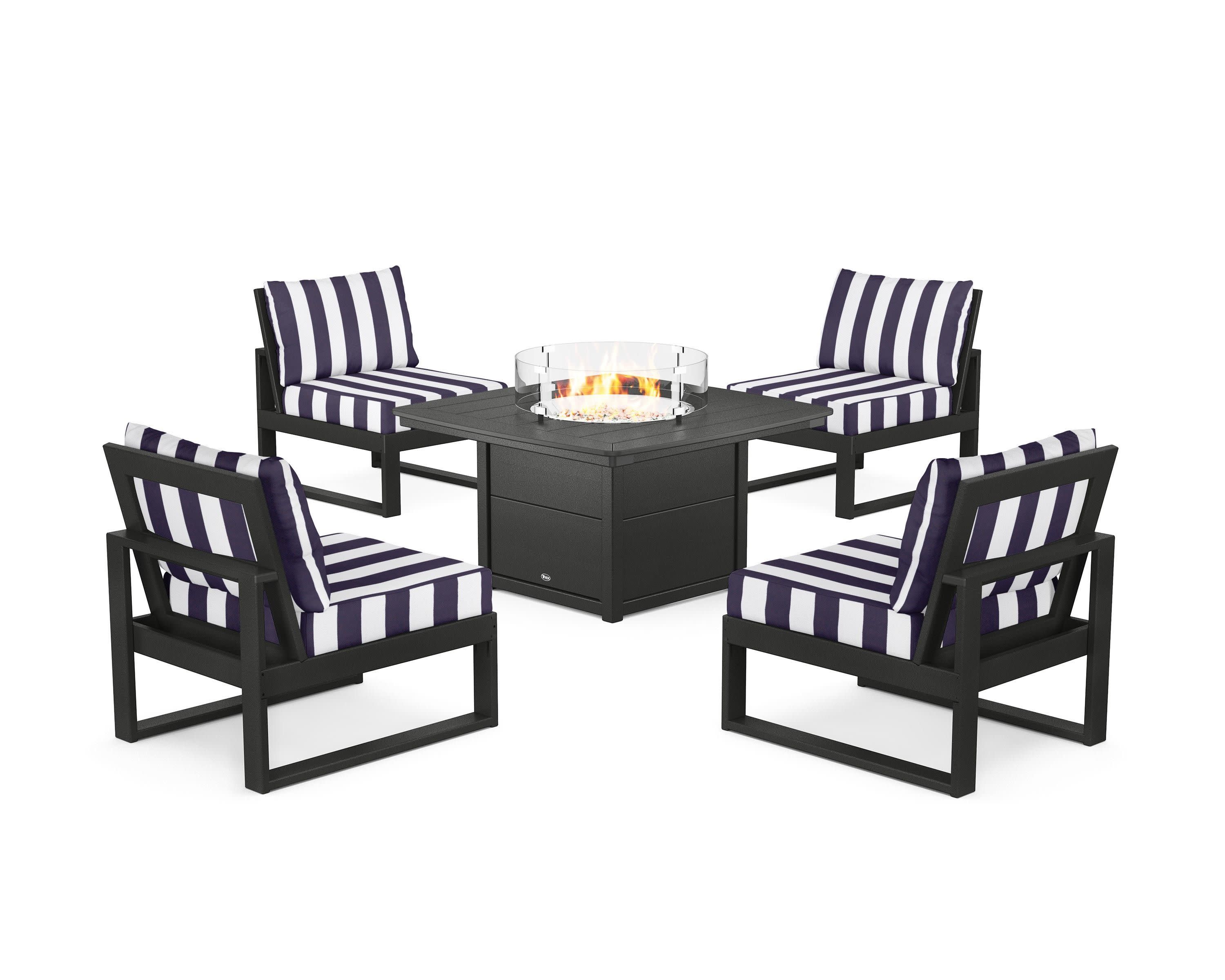 Eastport Modular 5-Piece Deep Seating Set with Yacht Club Fire Pit Table in Charcoal Black / Cabana Stripe Navy