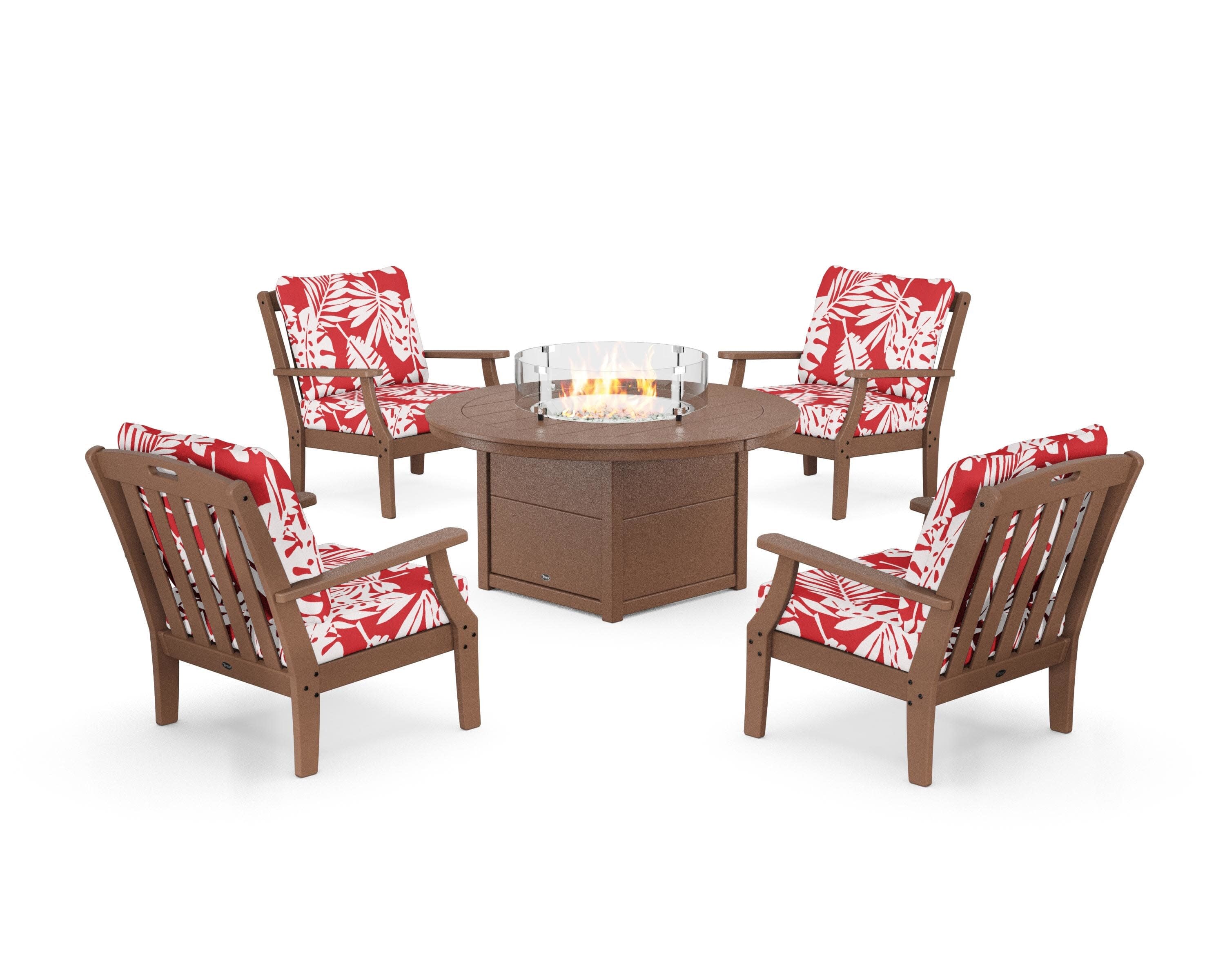 Yacht Club 5-Piece Deep Seating Set with Round Fire Pit Table in Tree House / Leaf Crimson