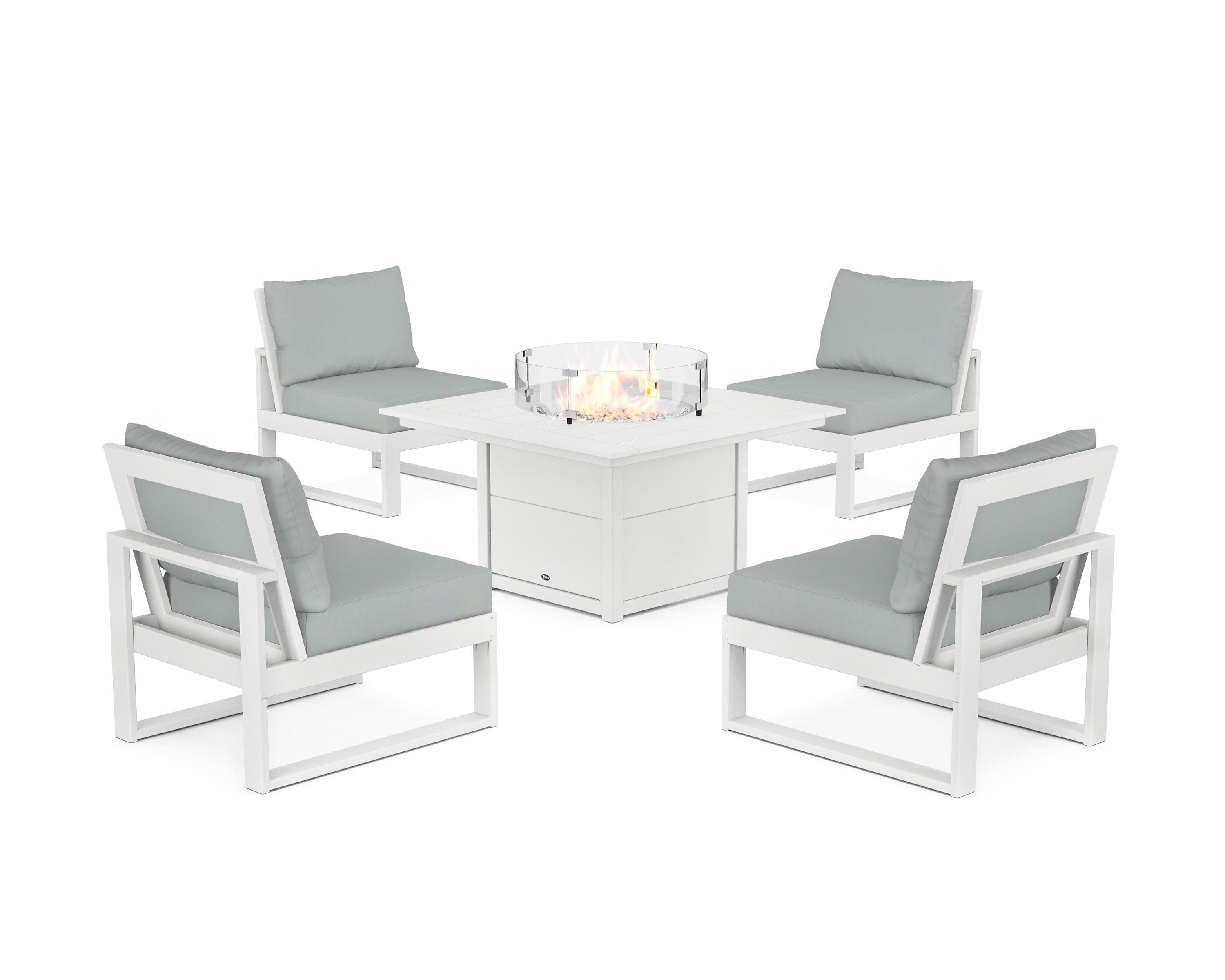 Eastport Modular 5-Piece Deep Seating Set with Square Fire Pit Table in Classic White / Spa
