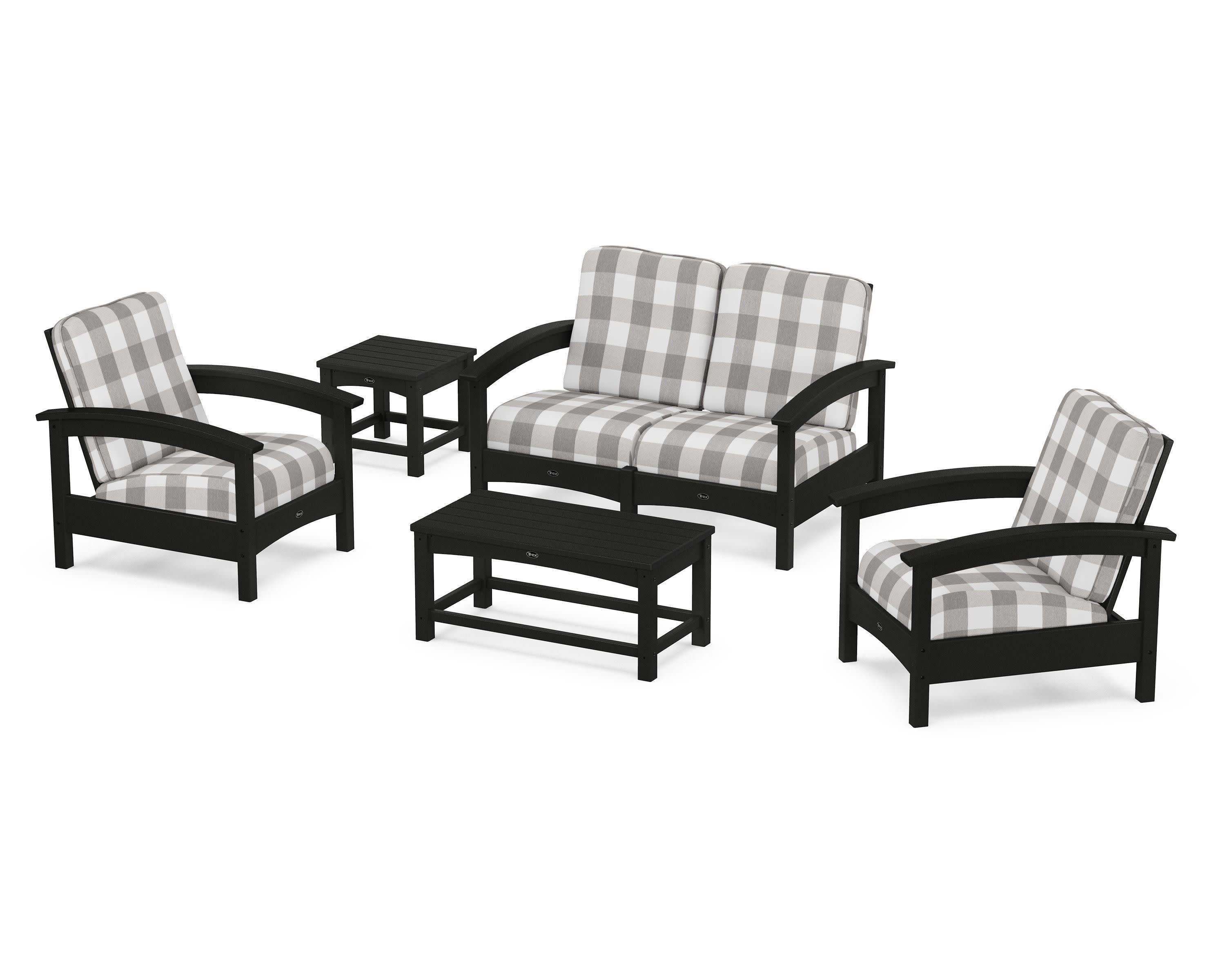 Rockport Club 6-Piece Deep Seating Conversation Set in Charcoal Black / Buffalo Plaid Grey Mist