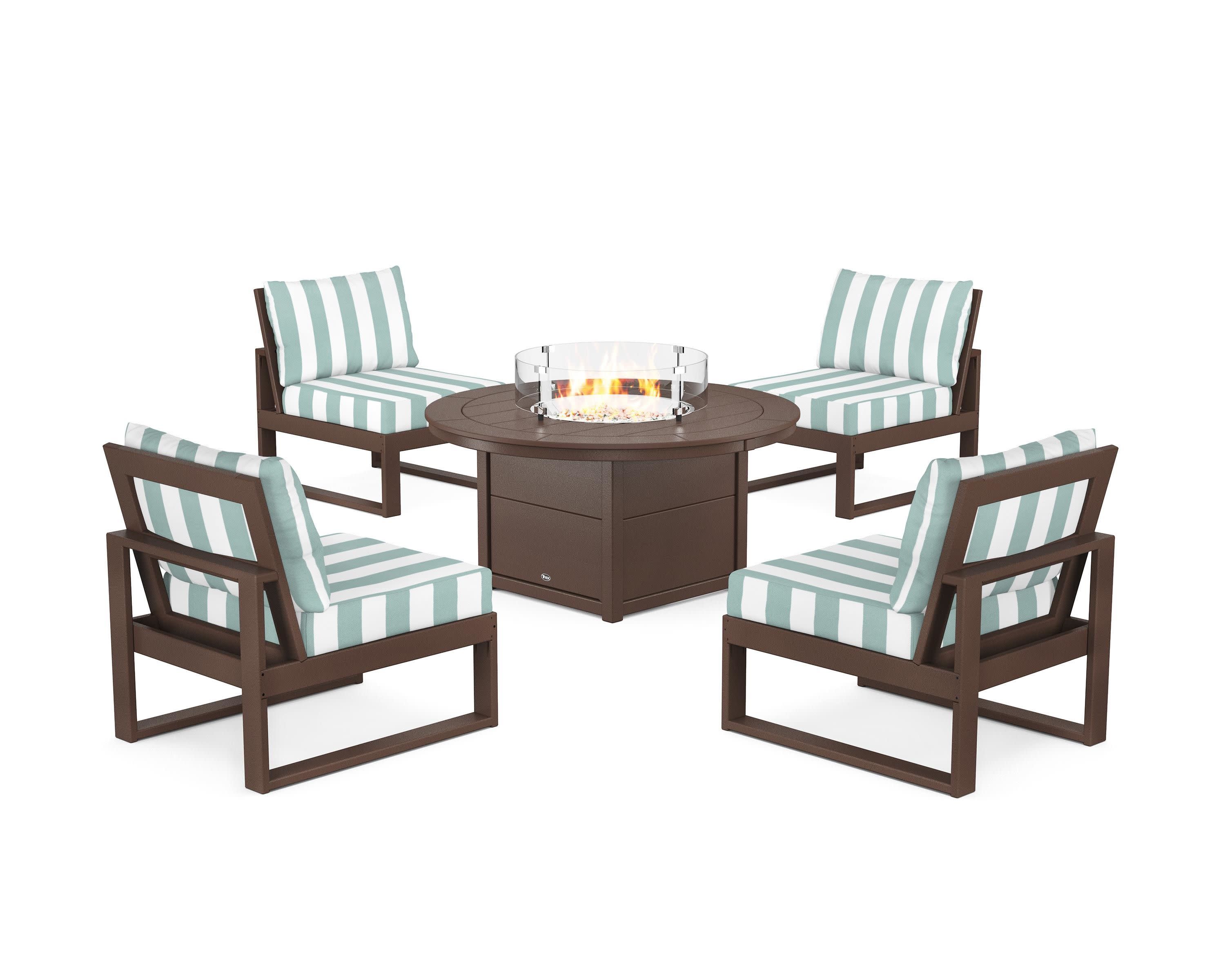 Eastport Modular 5-Piece Deep Seating Set with Round Fire Pit Table in Vintage Lantern / Cabana Stripe Glacier Spa