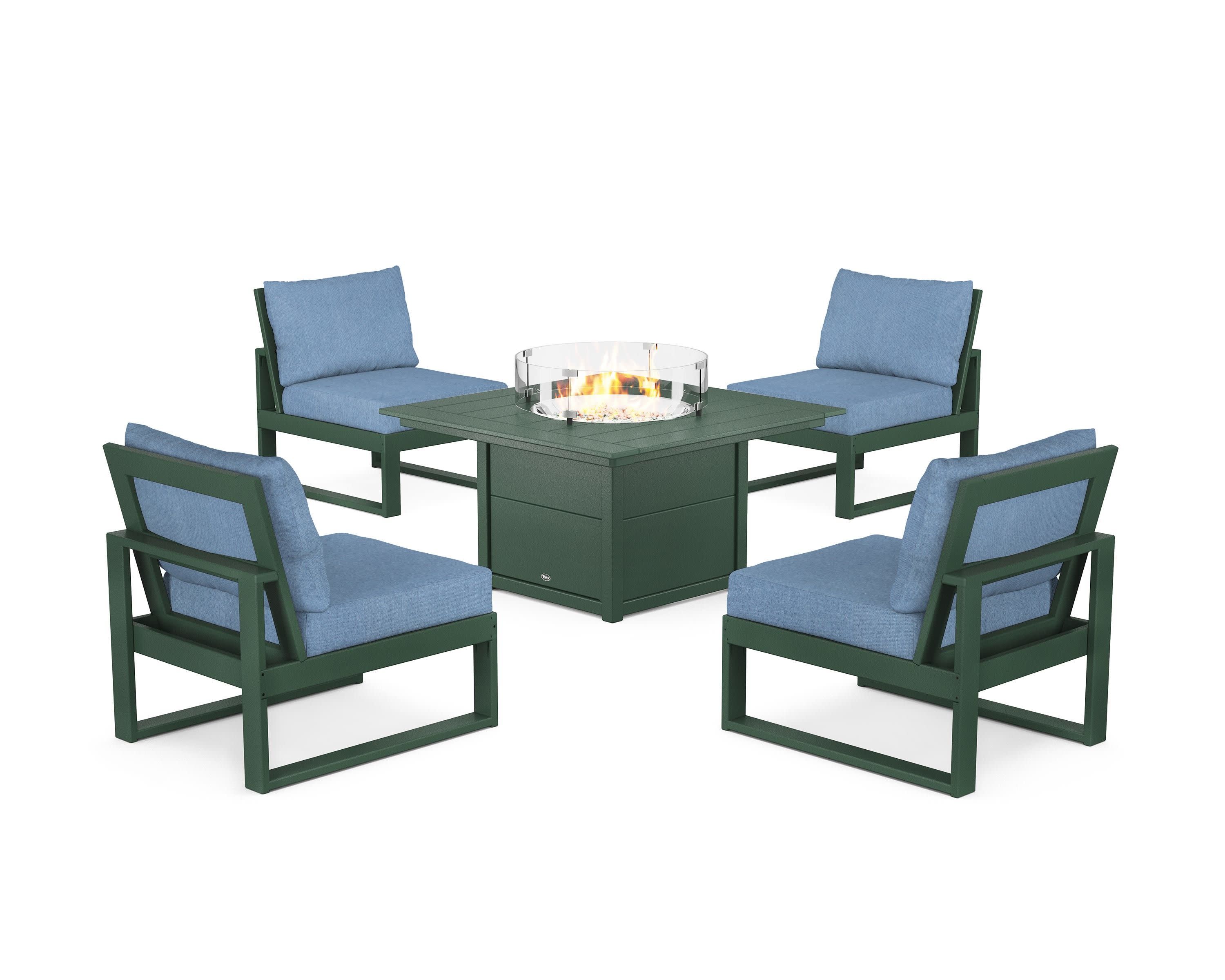 Eastport Modular 5-Piece Deep Seating Set with Square Fire Pit Table in Rainforest Canopy / Sky Blue