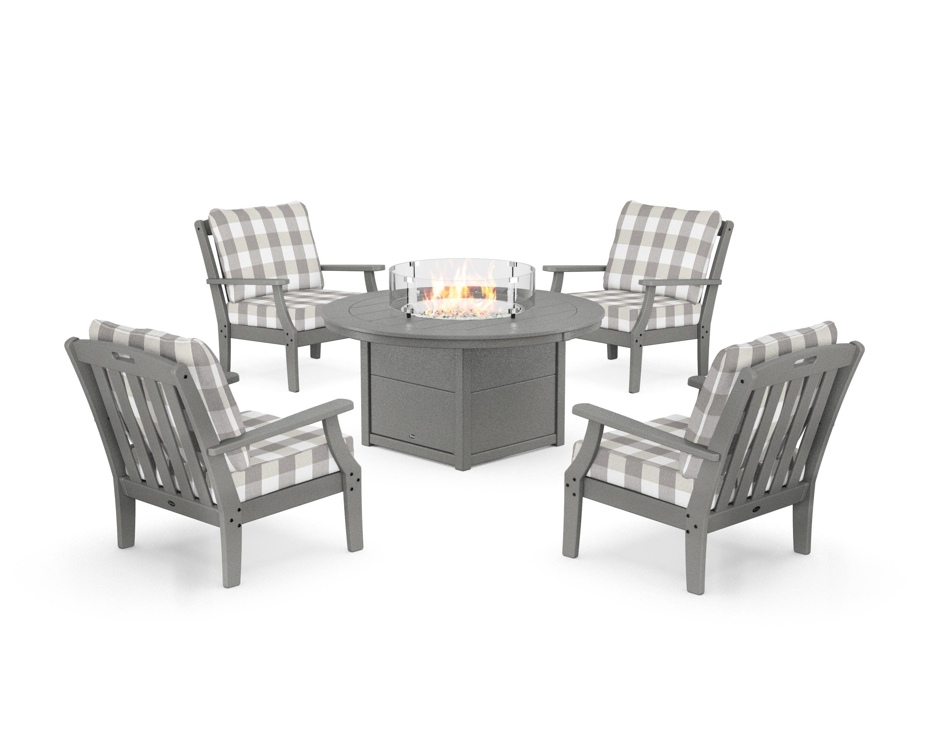 Yacht Club 5-Piece Deep Seating Set with Round Fire Pit Table in Stepping Stone / Buffalo Plaid Grey Mist