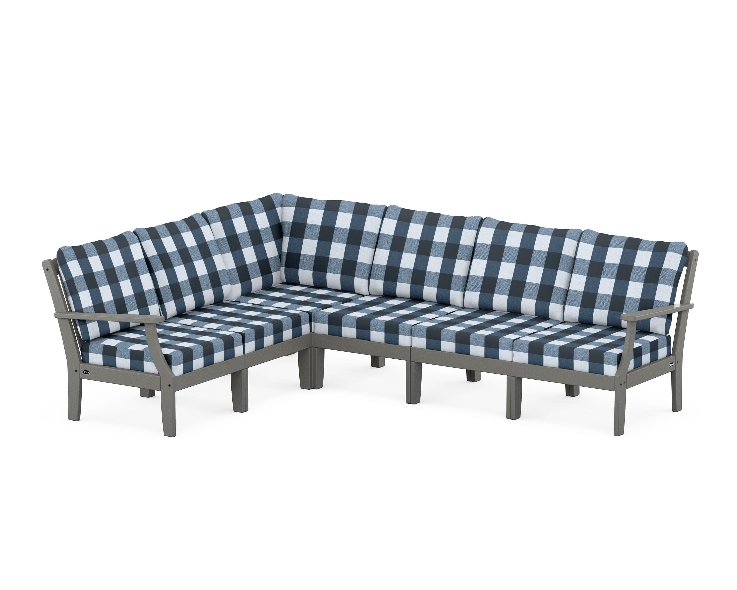Yacht Club Modular 6-Piece Deep Seating Set in Stepping Stone / Buffalo Plaid Marine Indigo