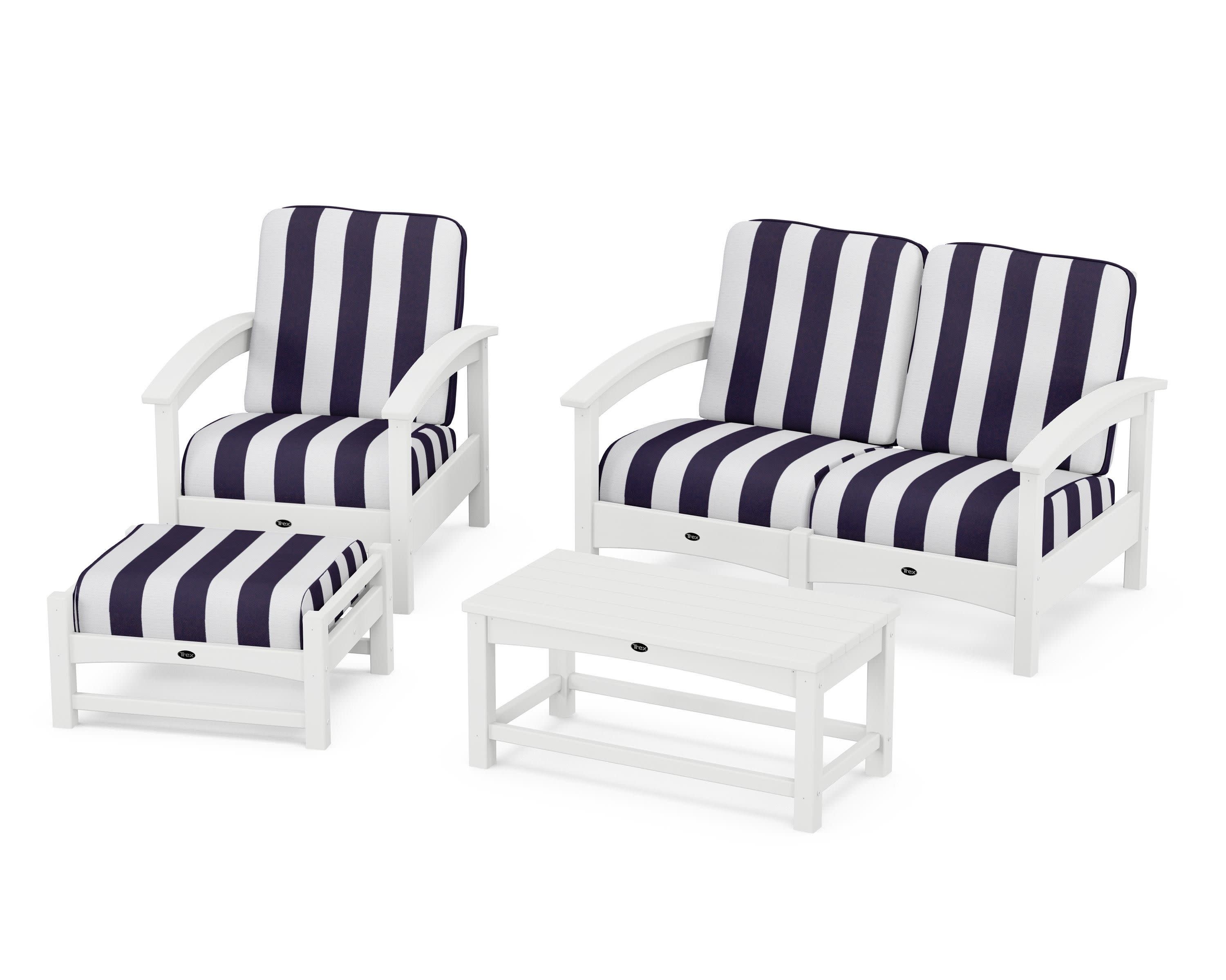 Rockport 4-Piece Deep Seating Conversation Group in Classic White / Cabana Stripe Navy