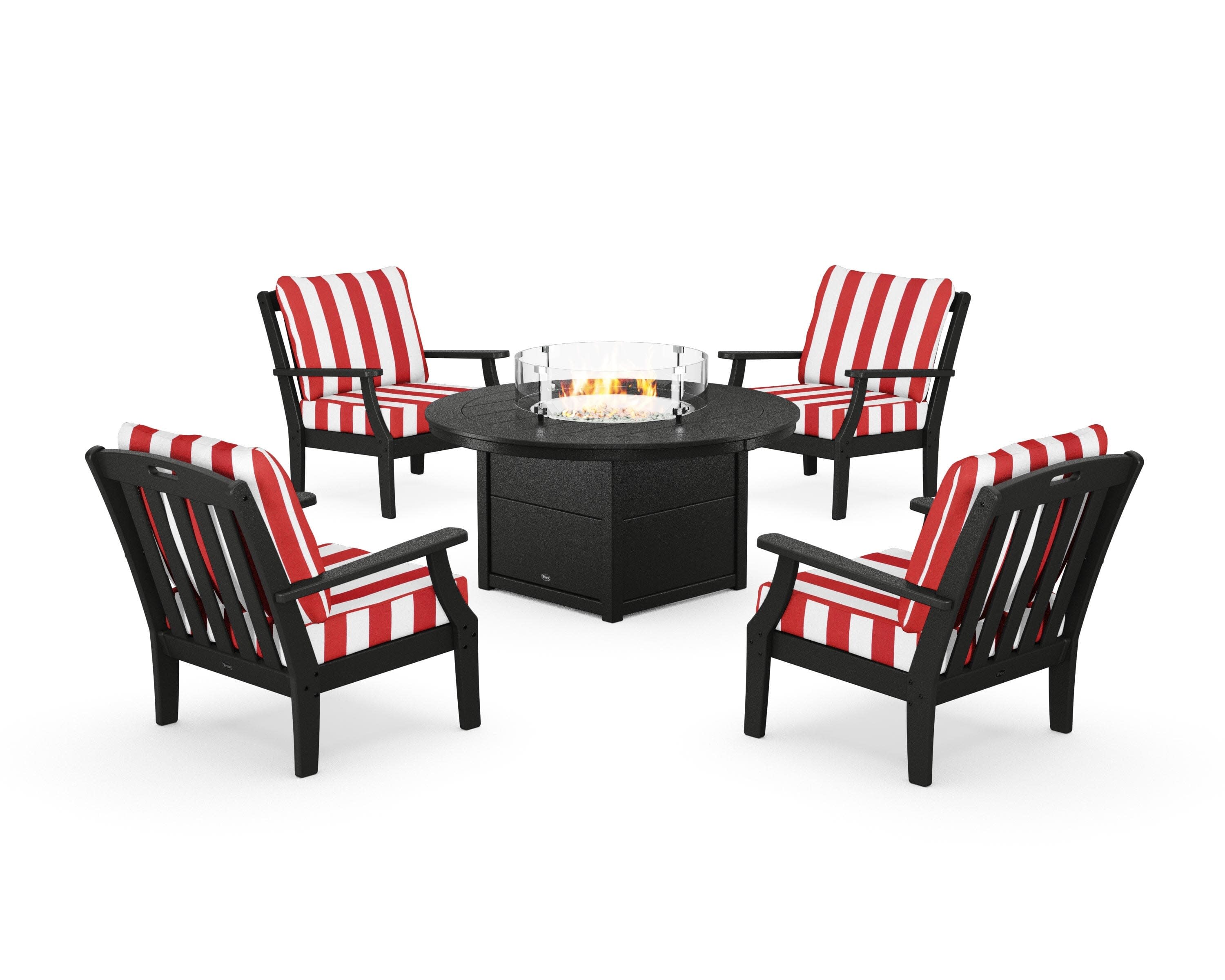 Yacht Club 5-Piece Deep Seating Set with Round Fire Pit Table in Charcoal Black / Cabana Stripe Crimson