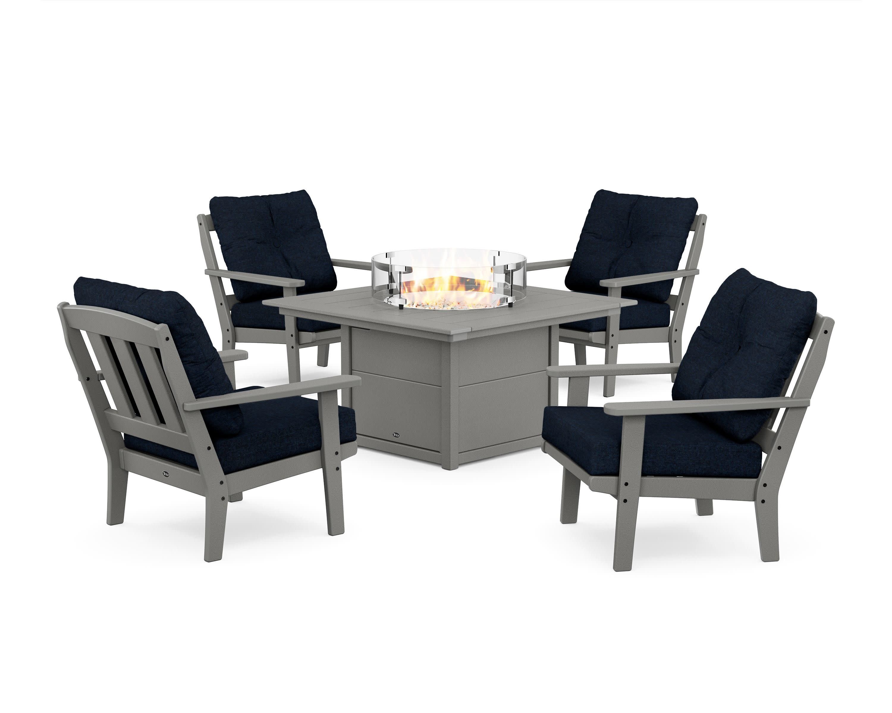 Cape Cod 5-Piece Deep Seating Set with Fire Pit Table in Stepping Stone / Marine Indigo