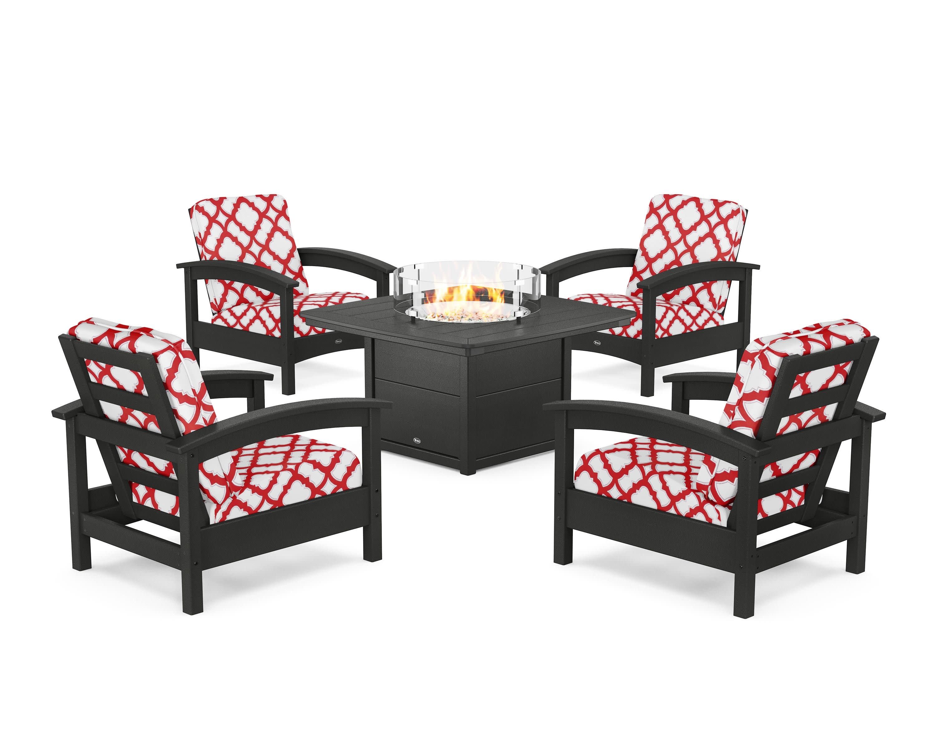 Rockport 5-Piece Deep Seating Set with Yacht Club Fire Pit Table in Charcoal Black / Trellis Crimson