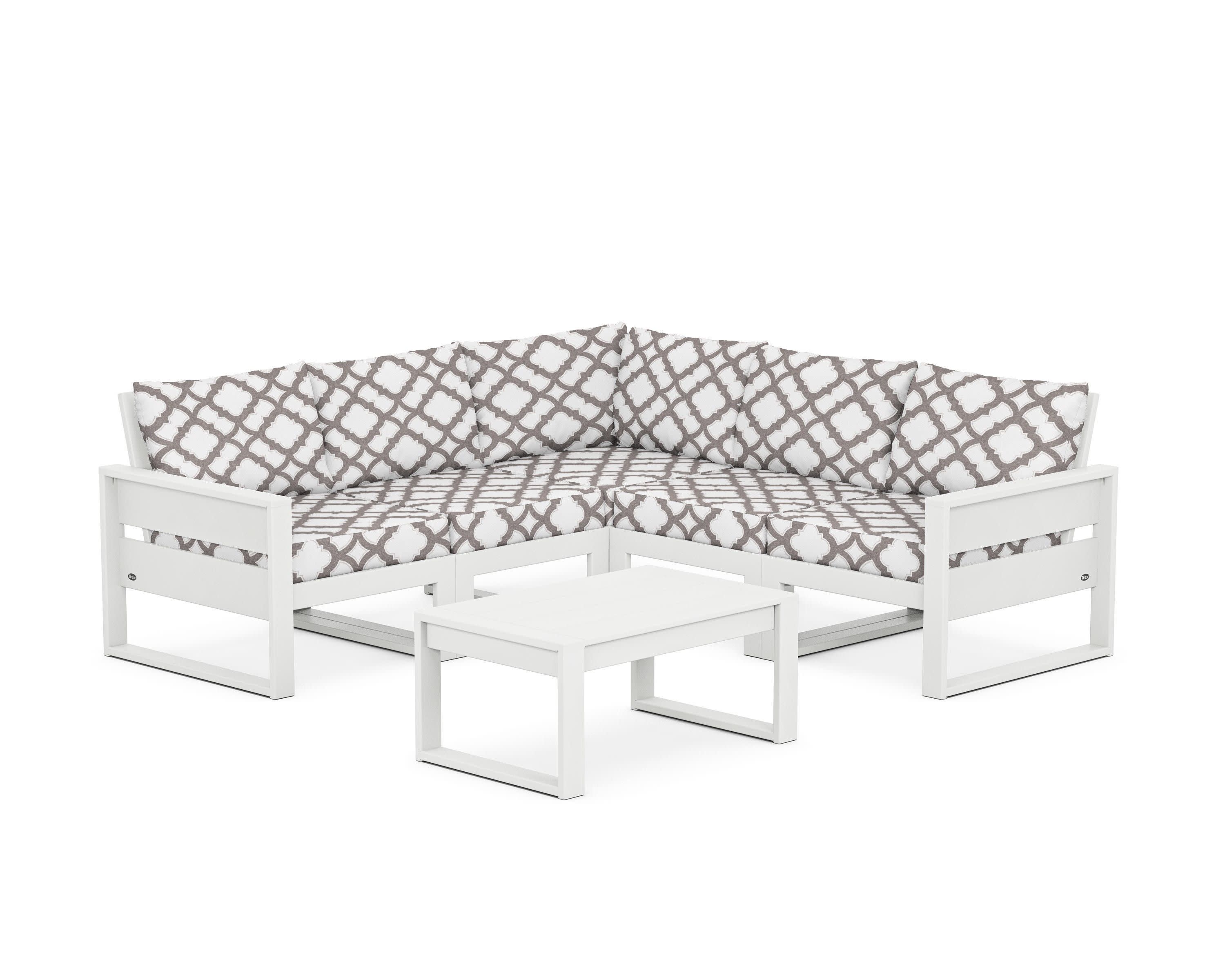 Eastport 6-Piece Deep Seating Sectional + Coffee Table Set in Classic White / Trellis Grey Mist