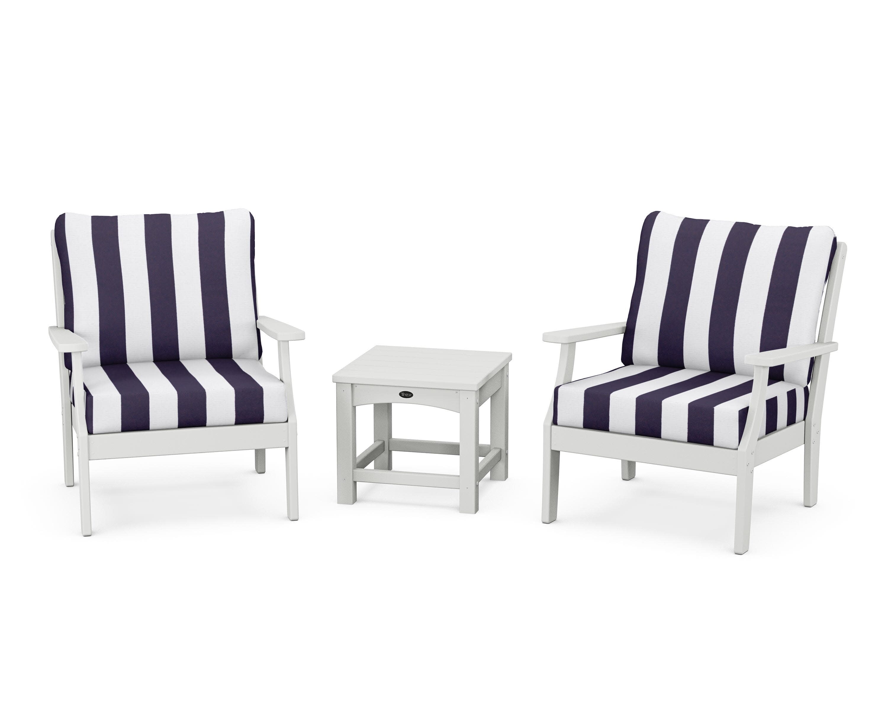 Yacht Club 3-Piece Deep Seating Set in Classic White / Cabana Stripe Navy
