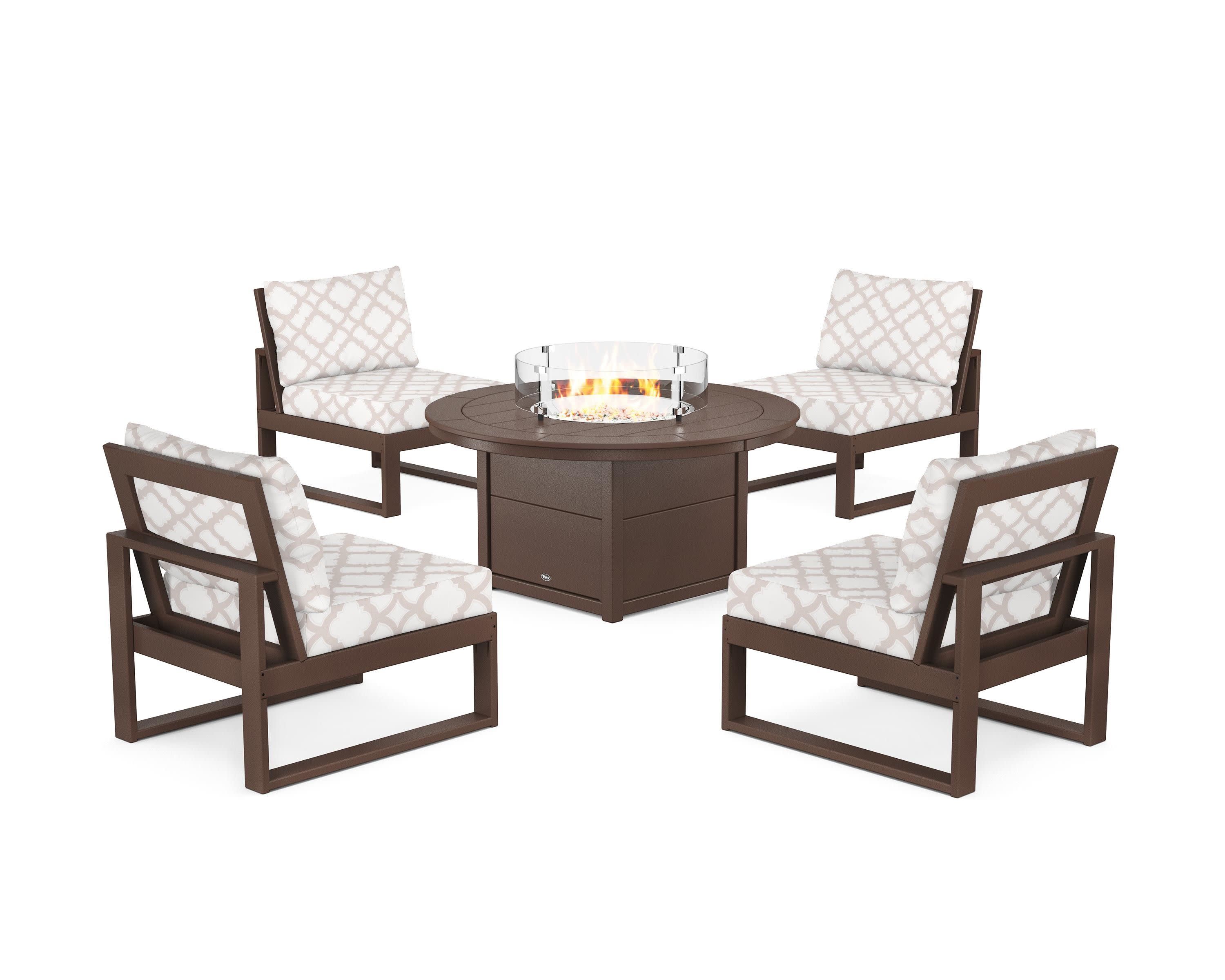 Eastport Modular 5-Piece Deep Seating Set with Round Fire Pit Table in Vintage Lantern / Trellis Dune Burlap