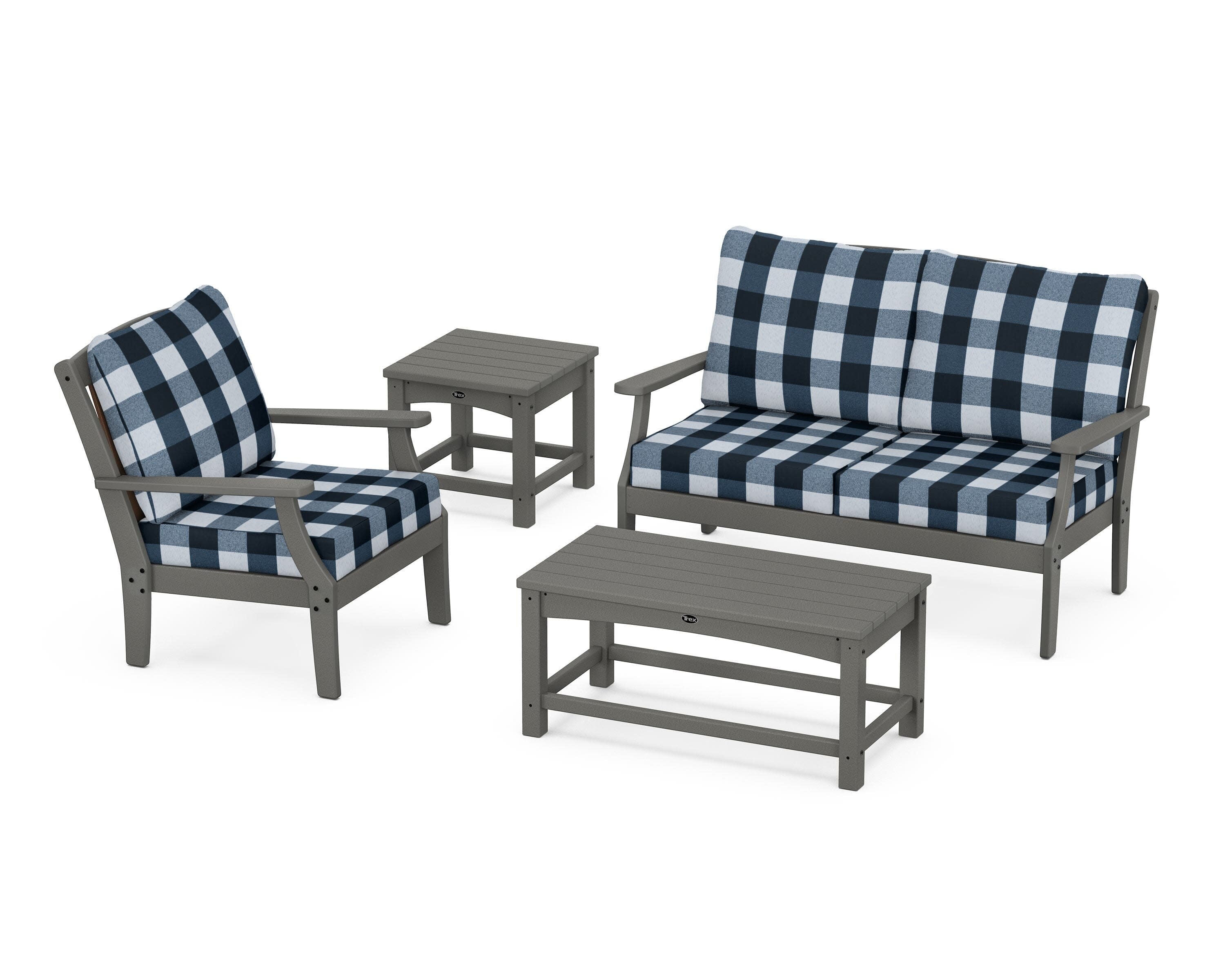 Yacht Club 4-Piece Deep Seating Set in Stepping Stone / Buffalo Plaid Marine Indigo