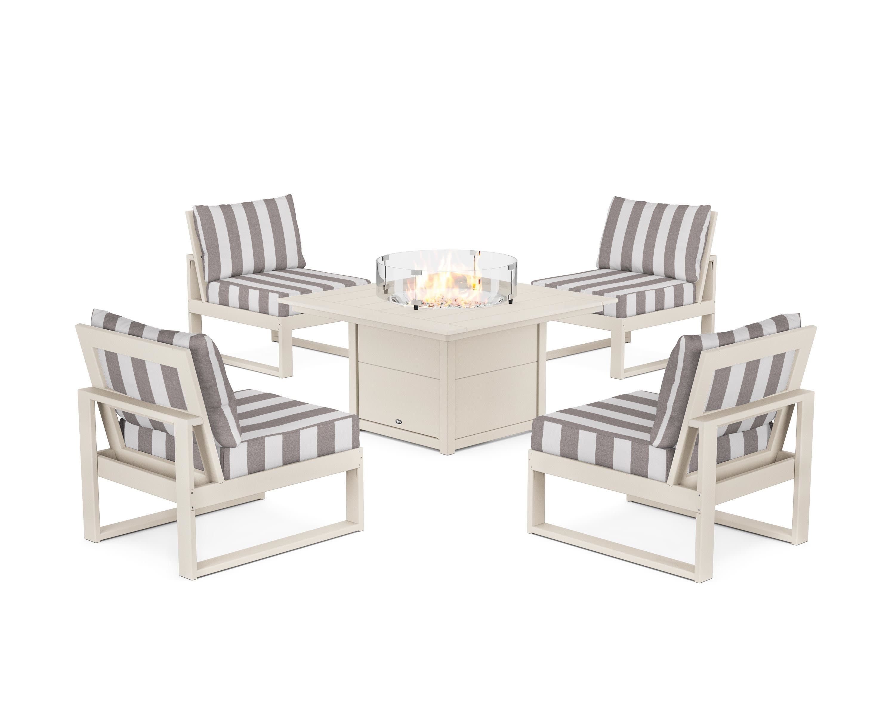 Eastport Modular 5-Piece Deep Seating Set with Square Fire Pit Table in Sand Castle / Cabana Stripe Grey Mist