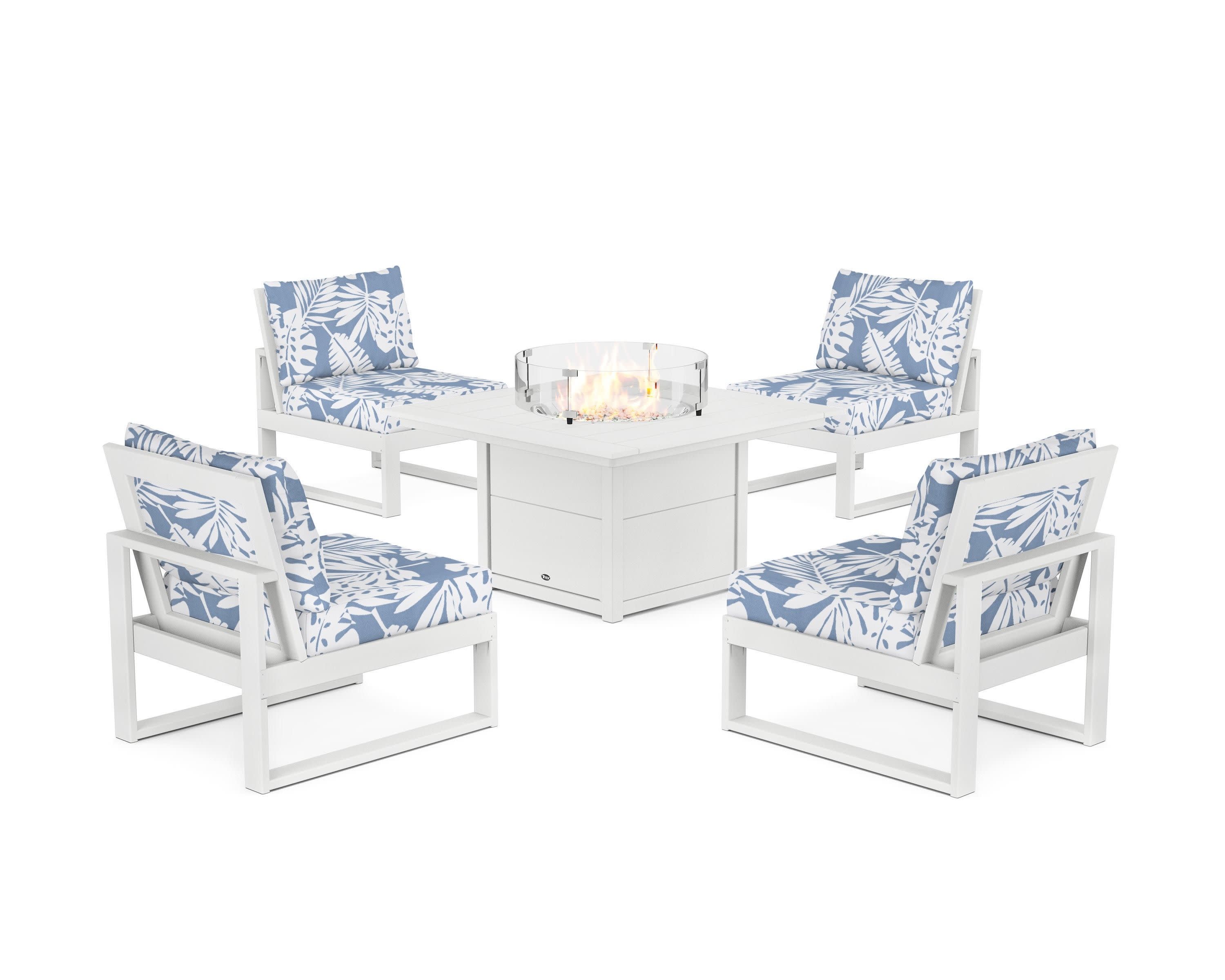 Eastport Modular 5-Piece Deep Seating Set with Square Fire Pit Table in Classic White / Leaf Sky Blue