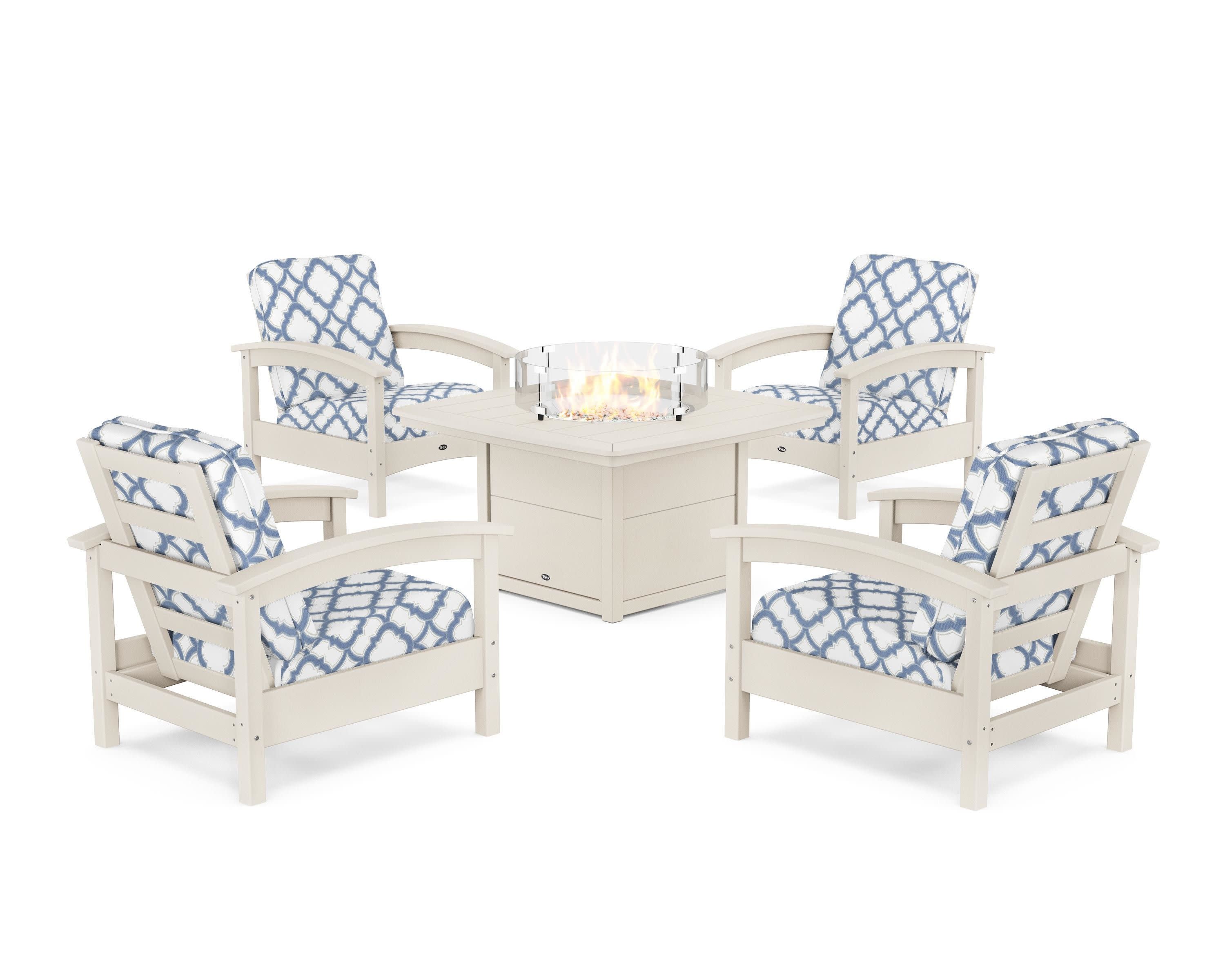 Rockport 5-Piece Deep Seating Set with Yacht Club Fire Pit Table in Sand Castle / Trellis Sky Blue