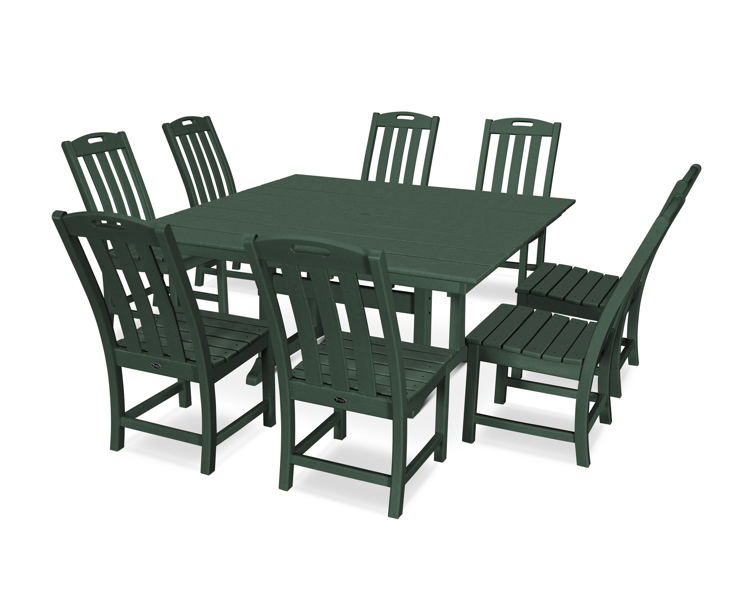 Yacht Club 9-Piece Farmhouse Trestle Side Chair Dining Set in Rainforest Canopy