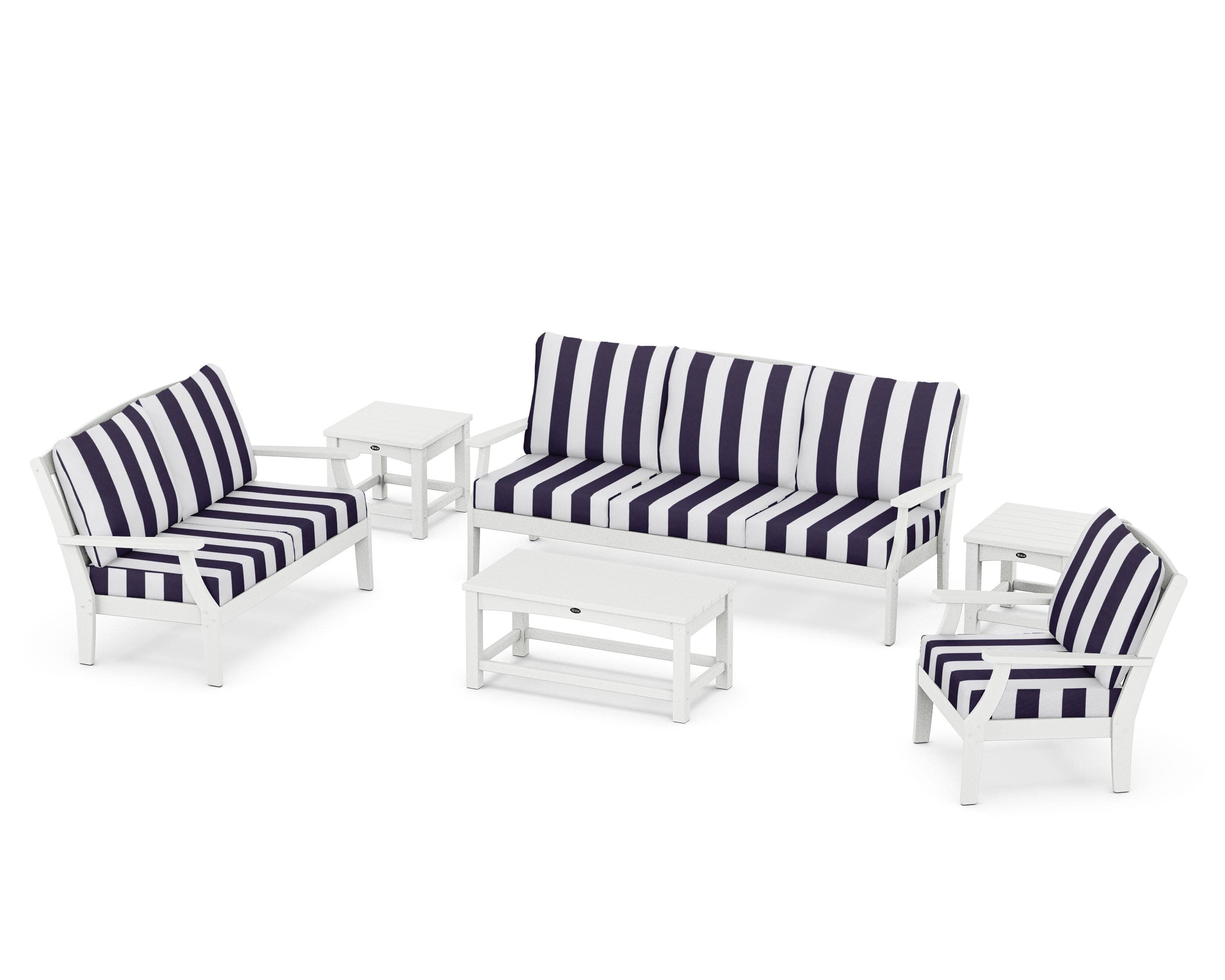 Yacht Club 6-Piece Deep Seating Set in Classic White / Cabana Stripe Navy