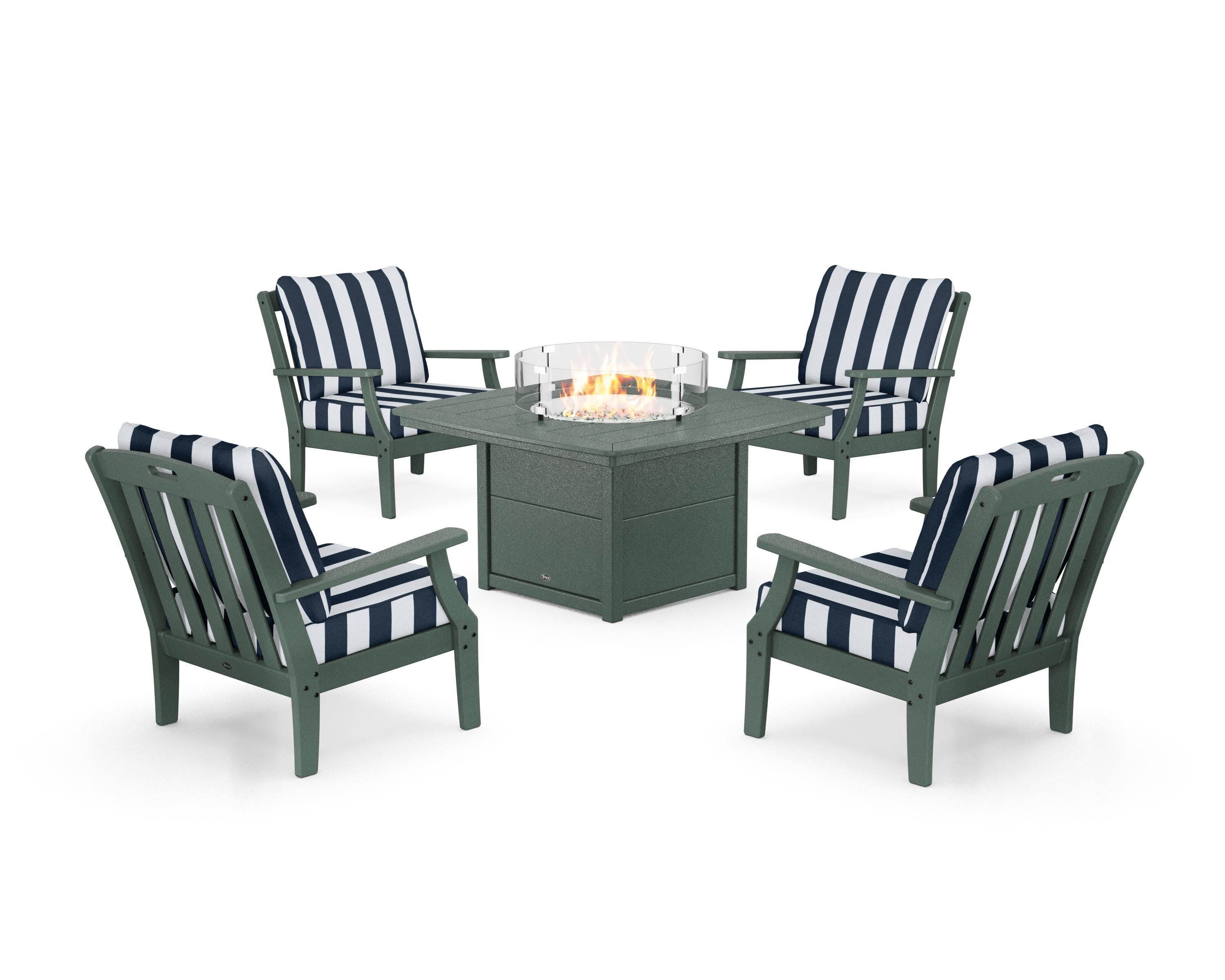 Yacht Club 5-Piece Deep Seating Set with Fire Pit Table in Rainforest Canopy / Cabana Stripe Marine Indigo