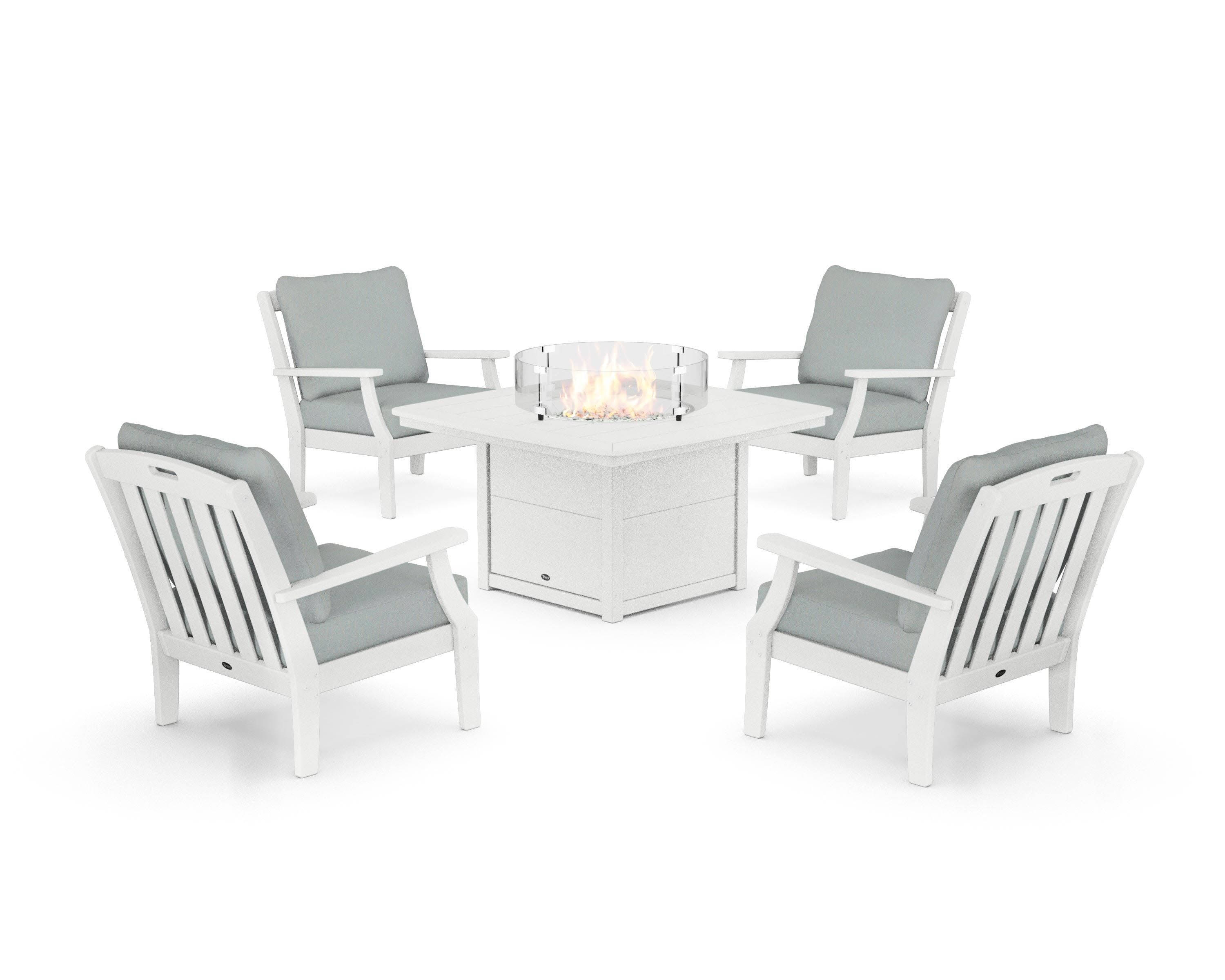 Yacht Club 5-Piece Deep Seating Set with Fire Pit Table in Classic White / Spa
