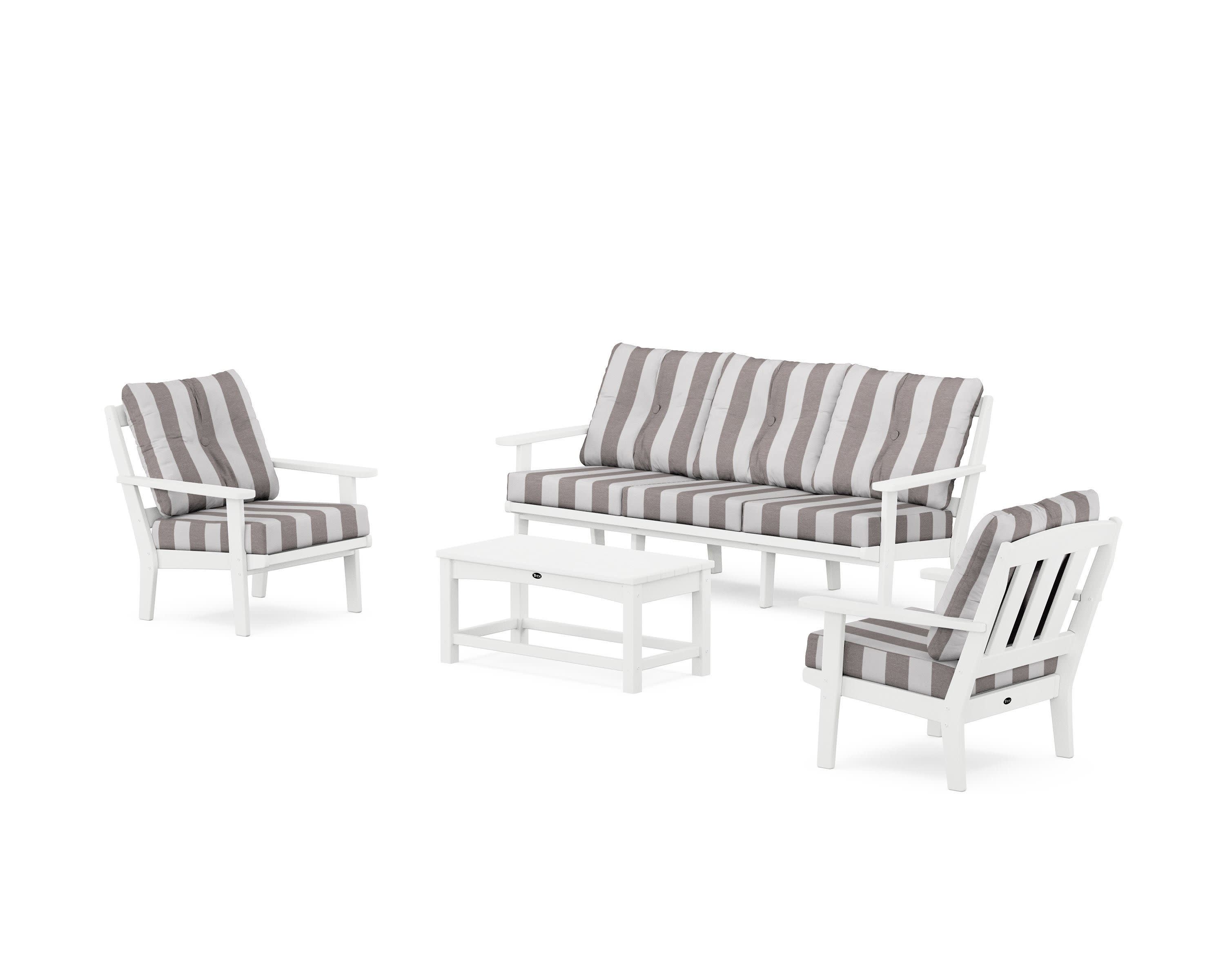 Cape Cod 4-Piece Deep Seating Set with Sofa in Classic White / Cabana Stripe Grey Mist