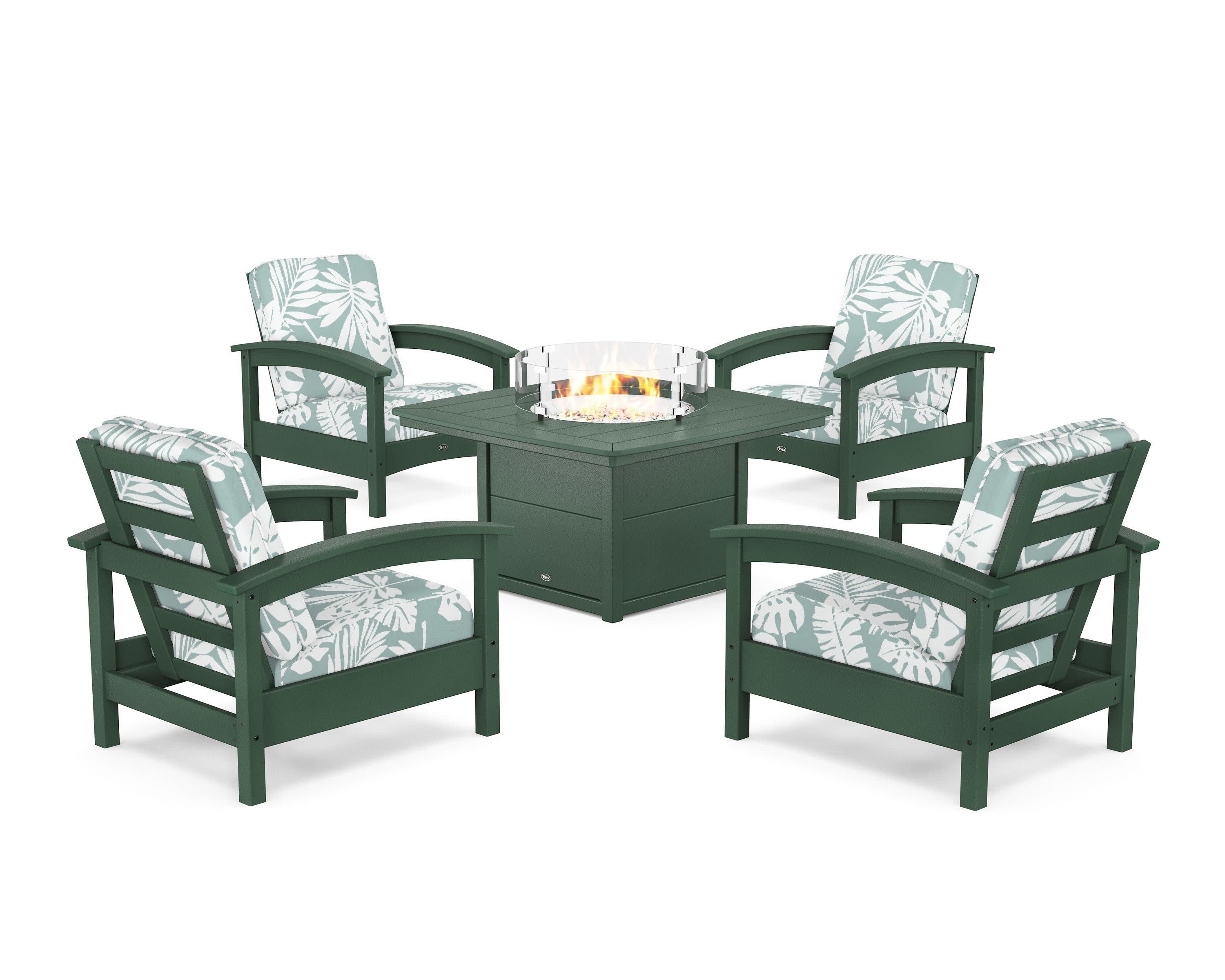 Rockport 5-Piece Deep Seating Set with Yacht Club Fire Pit Table in Rainforest Canopy / Leaf Glacier Spa