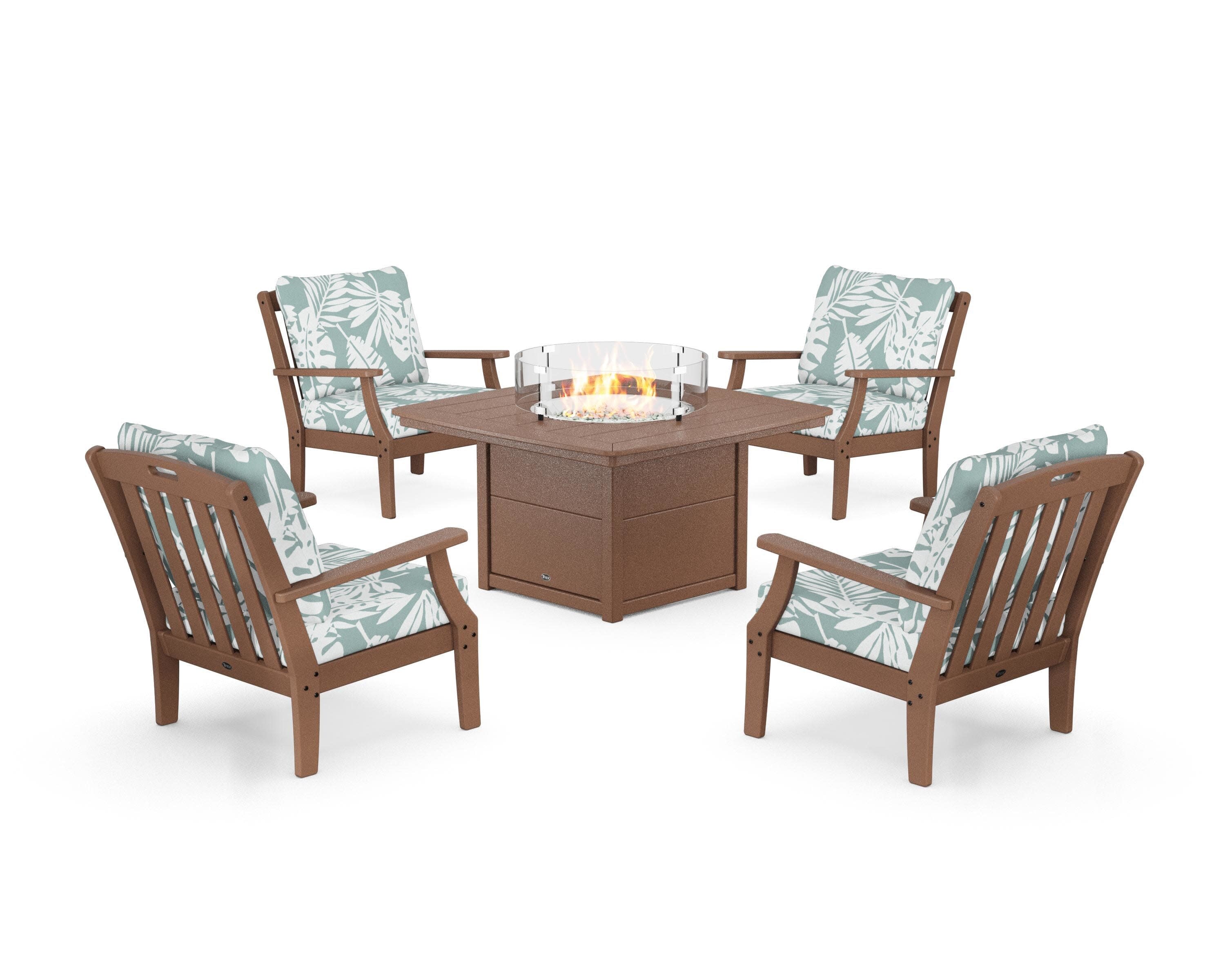 Yacht Club 5-Piece Deep Seating Set with Fire Pit Table in Tree House / Leaf Glacier Spa