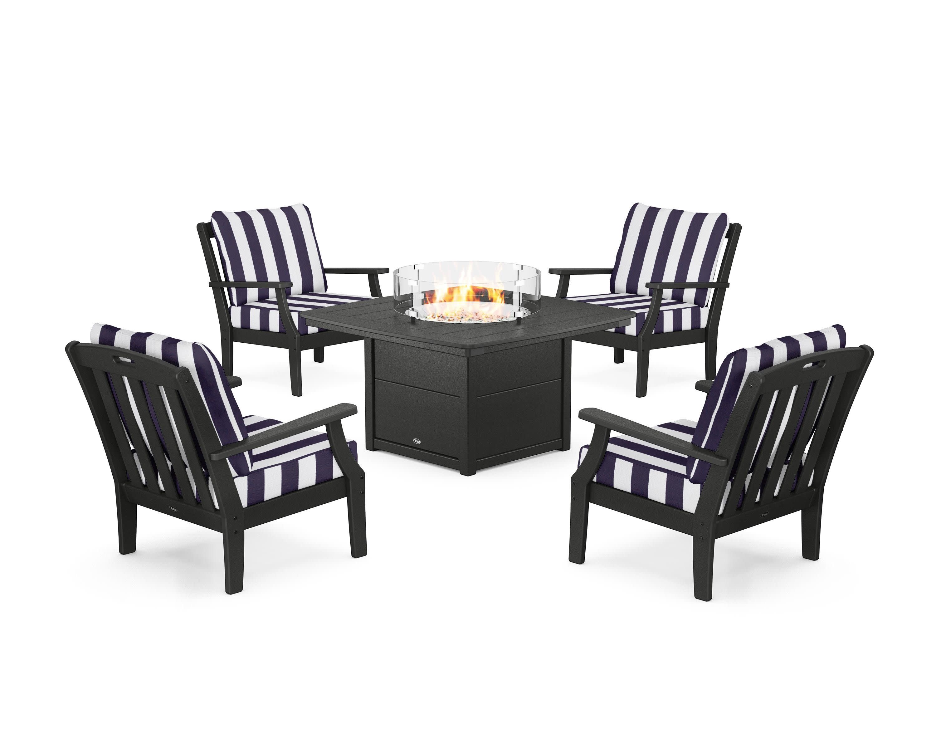 Yacht Club 5-Piece Deep Seating Set with Fire Pit Table in Charcoal Black / Cabana Stripe Navy