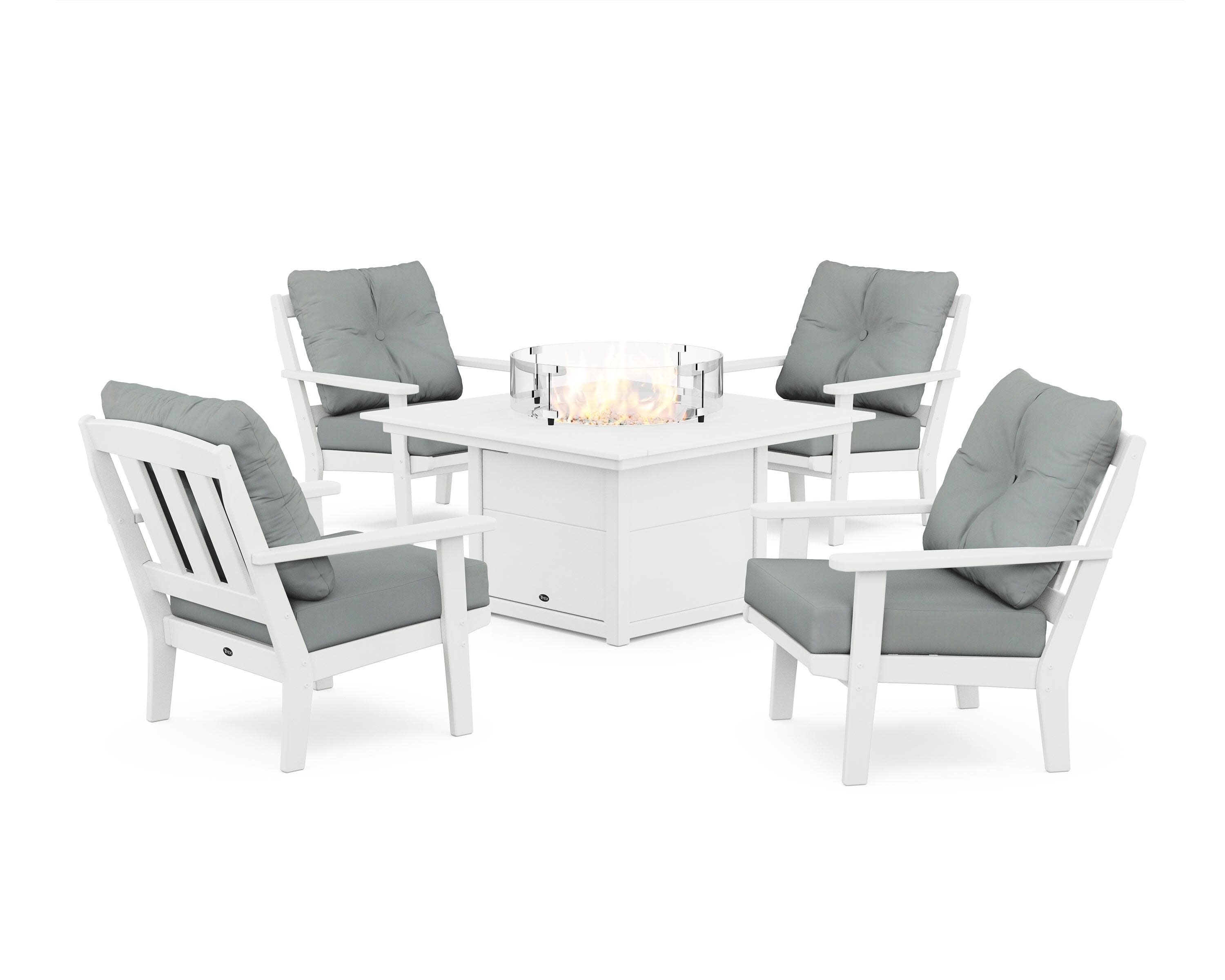 Cape Cod 5-Piece Deep Seating Set with Fire Pit Table in Classic White / Spa