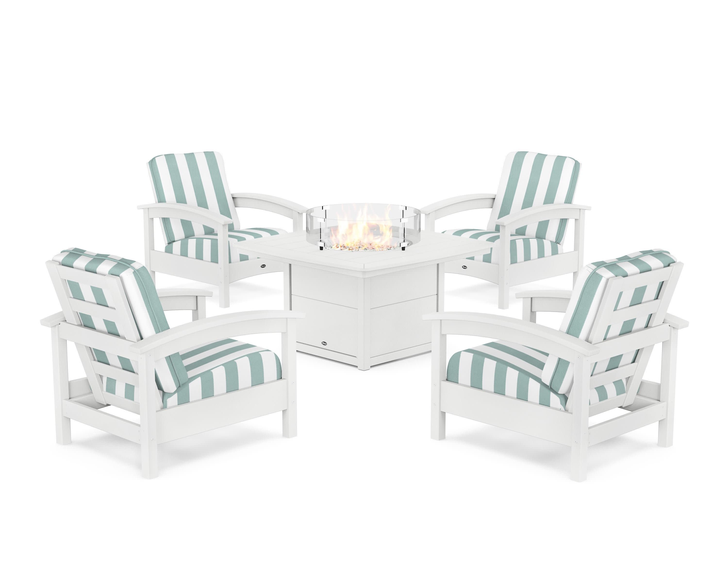 Rockport 5-Piece Deep Seating Set with Yacht Club Fire Pit Table in Classic White / Cabana Stripe Glacier Spa