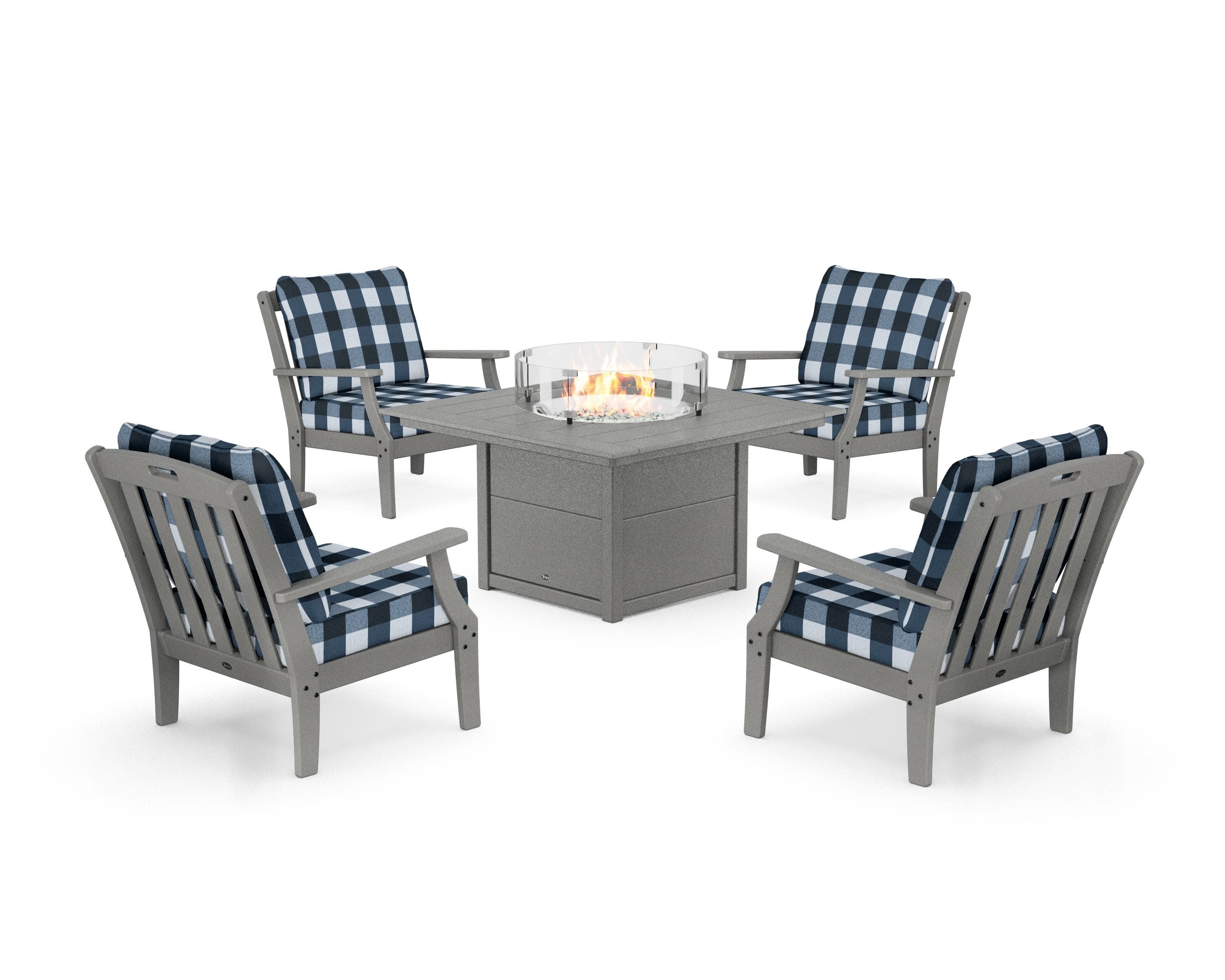 Yacht Club 5-Piece Deep Seating Set with Square Fire Pit Table in Stepping Stone / Buffalo Plaid Marine Indigo