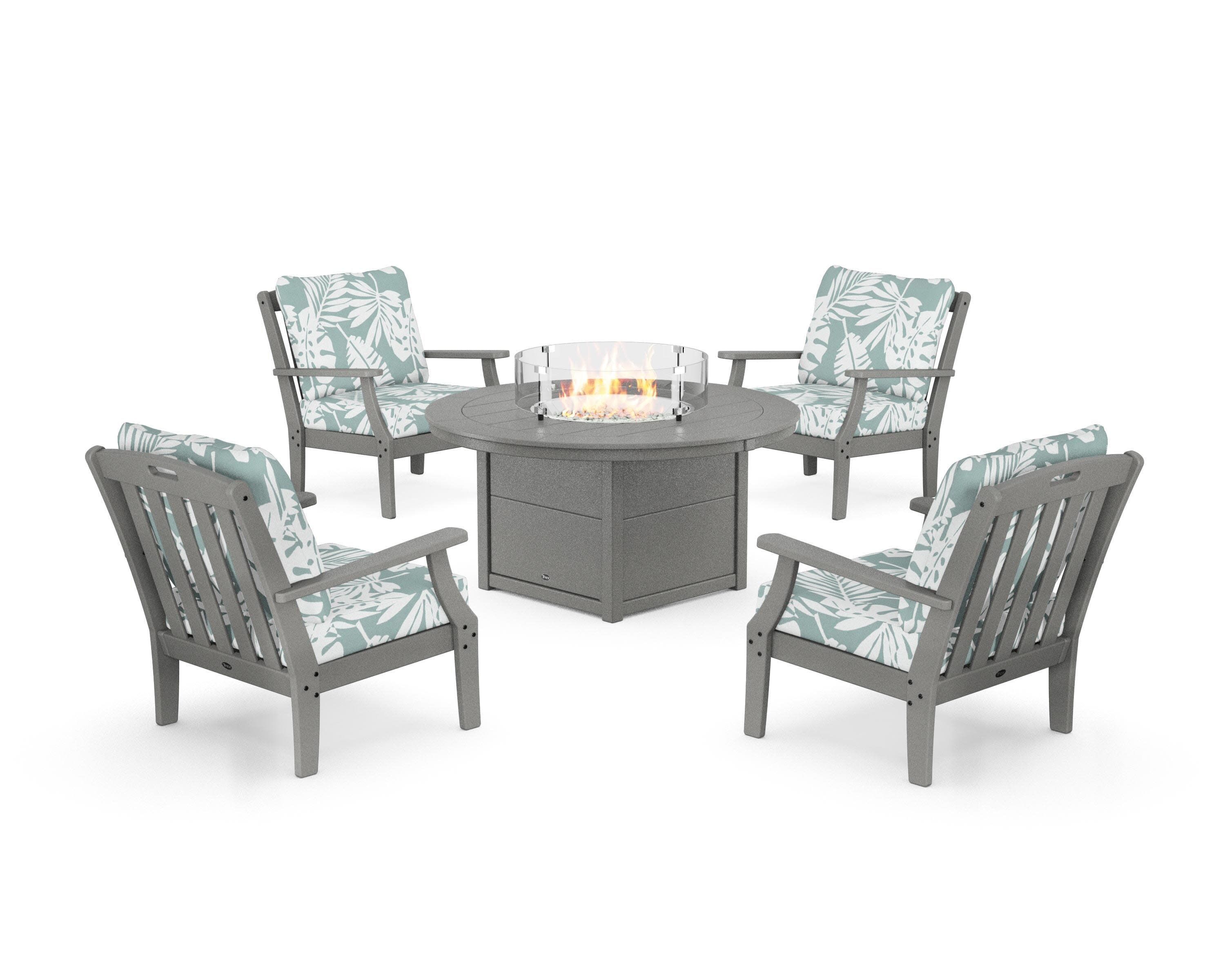 Yacht Club 5-Piece Deep Seating Set with Round Fire Pit Table in Stepping Stone / Leaf Glacier Spa
