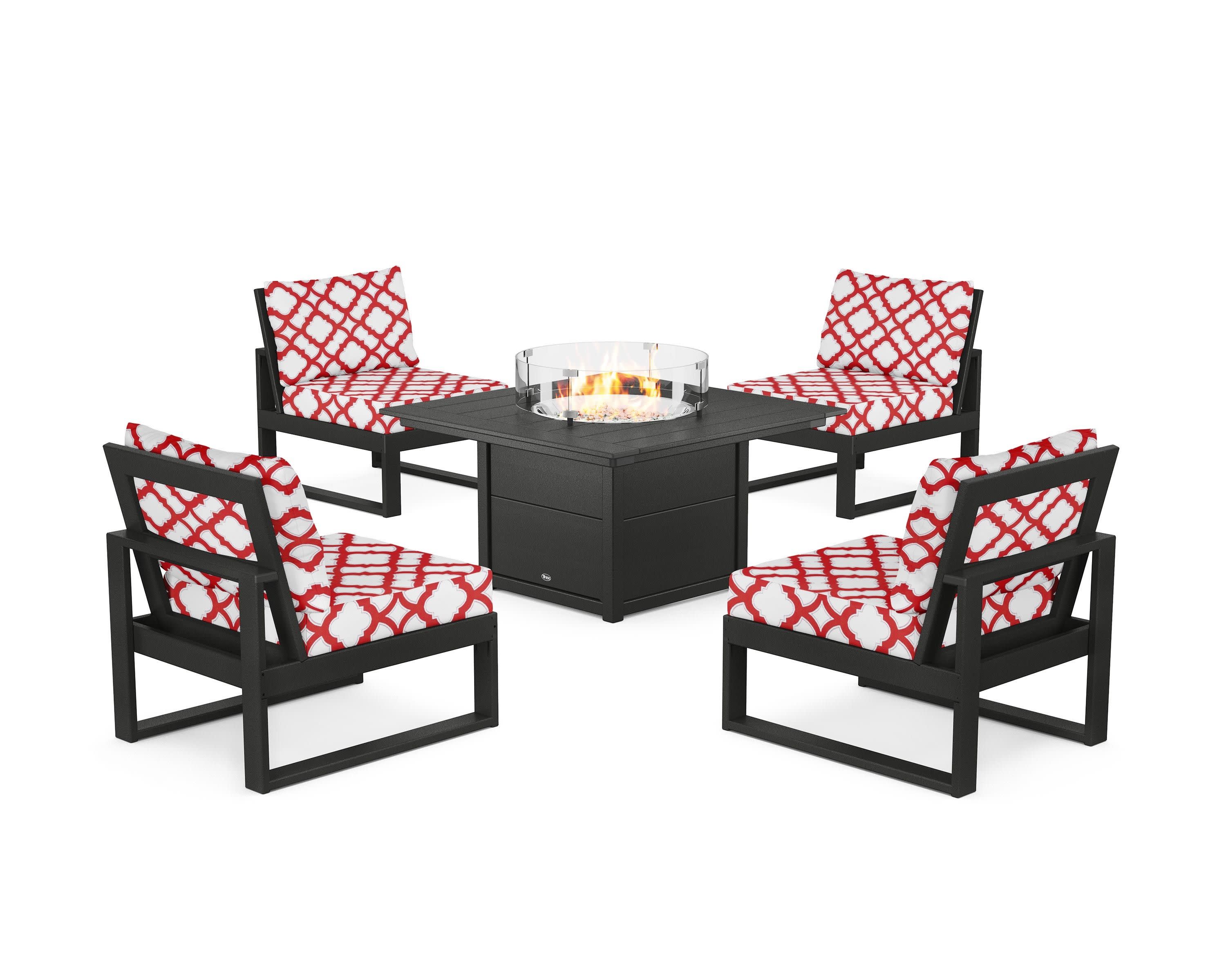 Eastport Modular 5-Piece Deep Seating Set with Square Fire Pit Table in Charcoal Black / Trellis Crimson