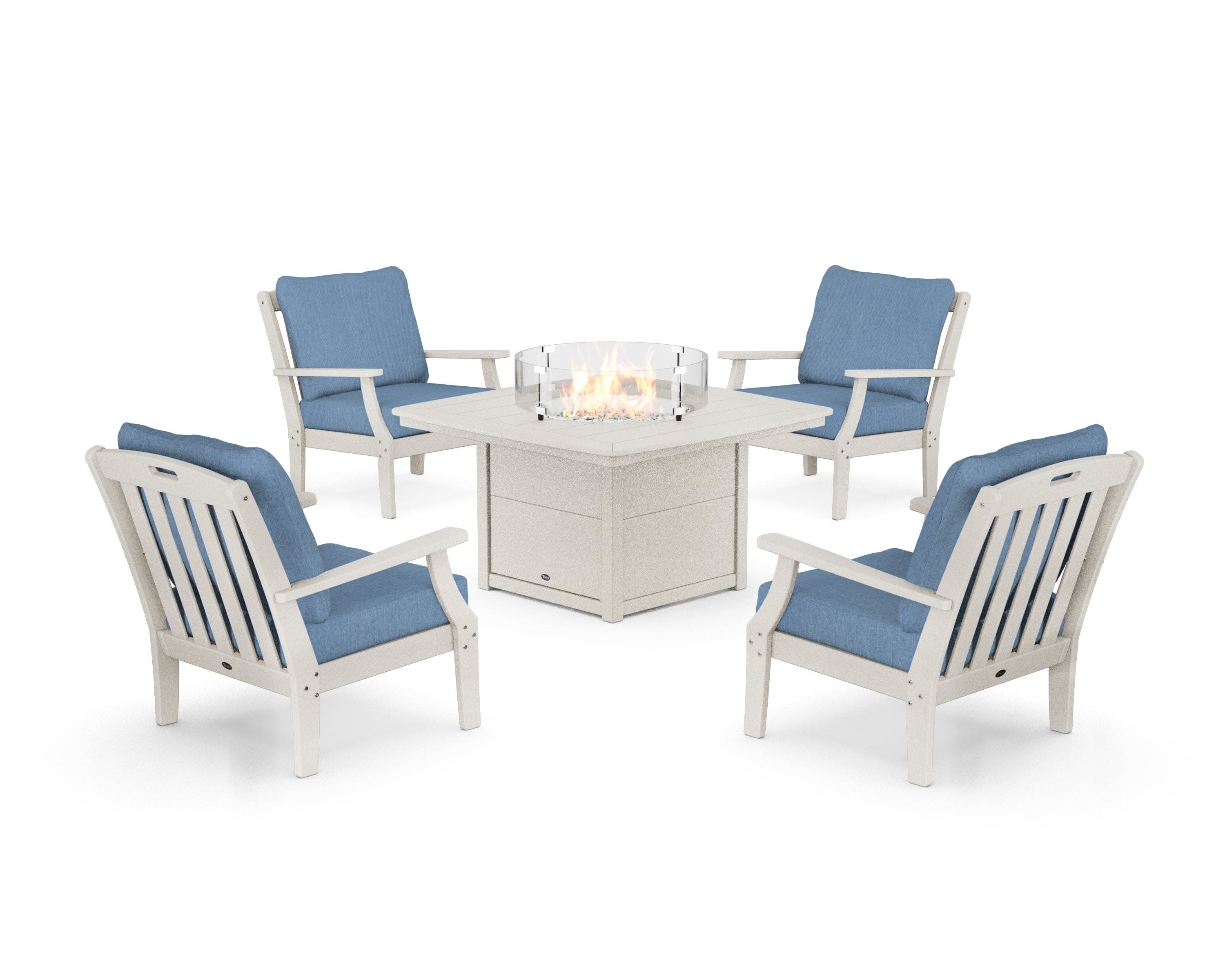 Yacht Club 5-Piece Deep Seating Set with Fire Pit Table in Sand Castle / Sky Blue