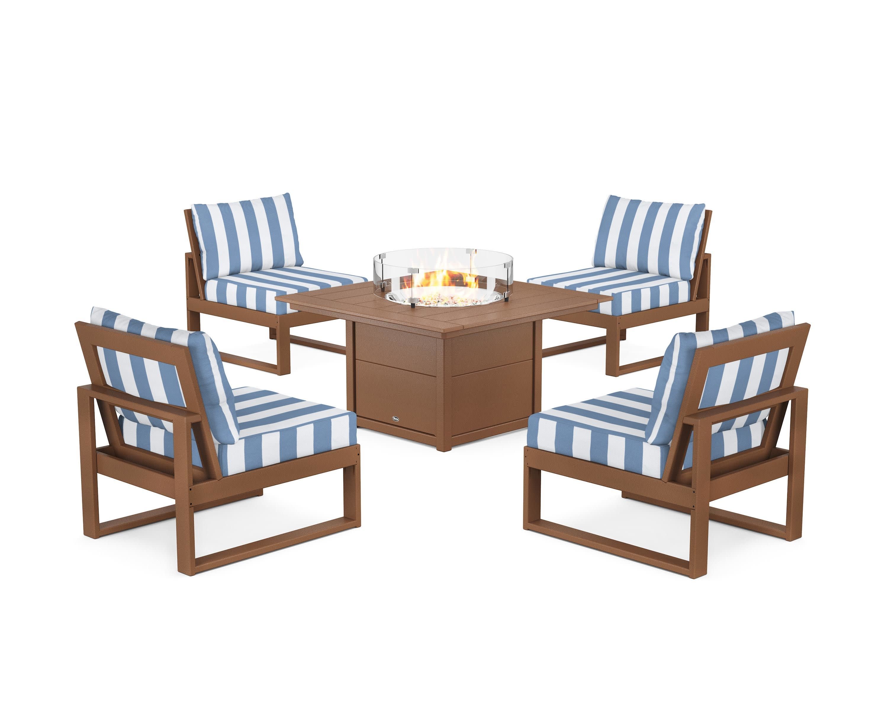 Eastport Modular 5-Piece Deep Seating Set with Square Fire Pit Table in Tree House / Cabana Stripe Sky Blue