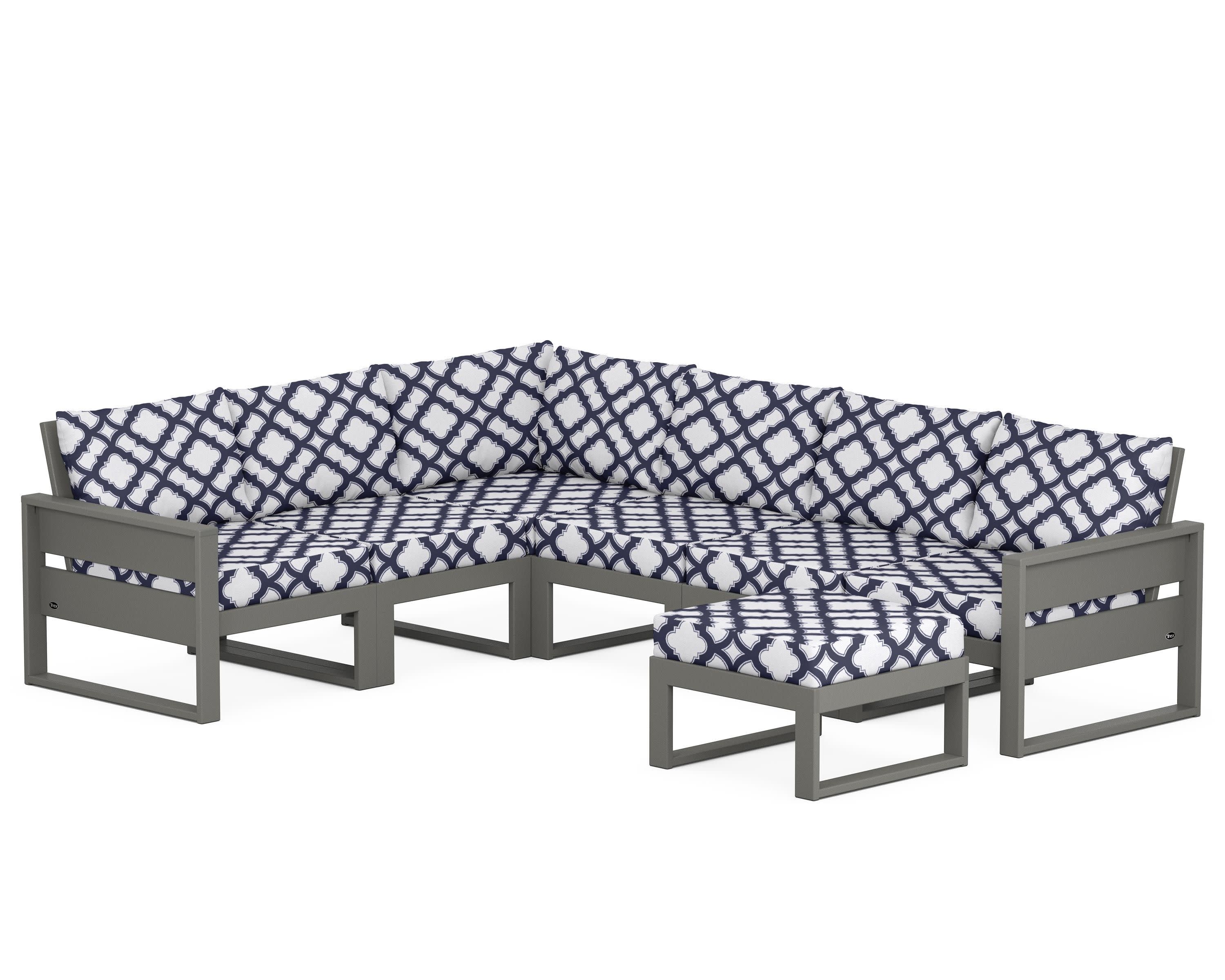 Eastport 6-Piece Sectional with Ottoman in Stepping Stone / Trellis Navy