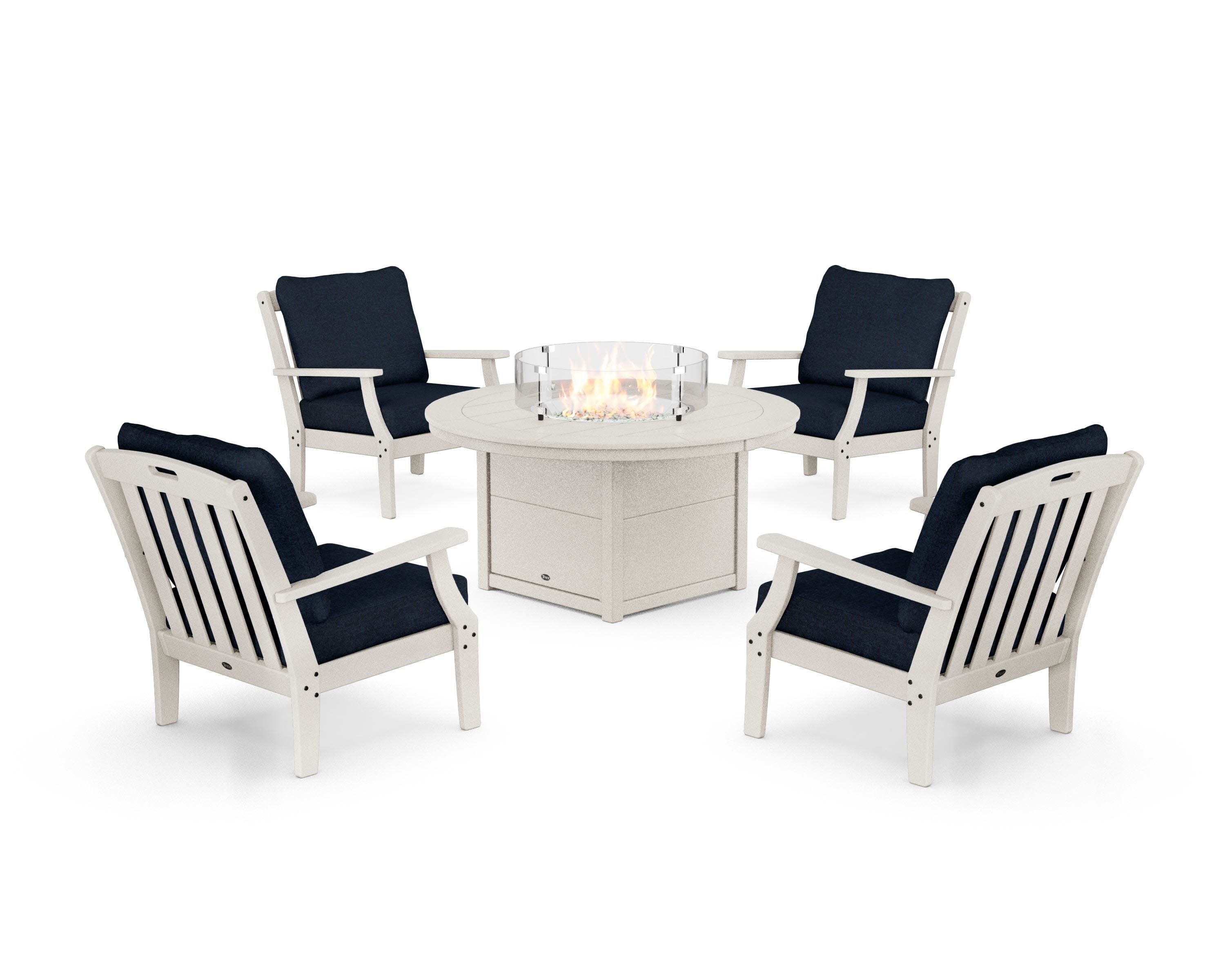 Yacht Club 5-Piece Deep Seating Set with Round Fire Pit Table in Sand Castle / Marine Indigo