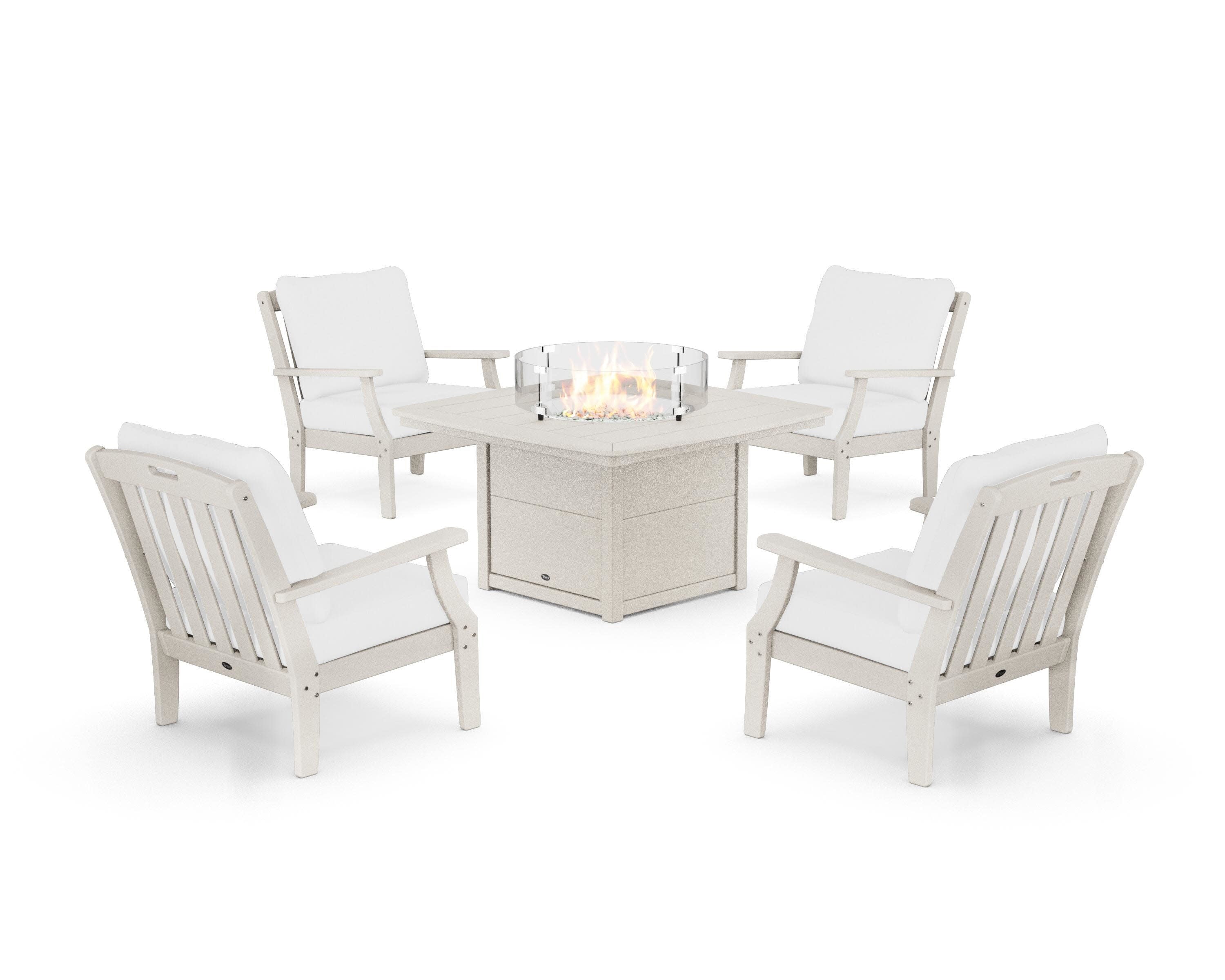 Yacht Club 5-Piece Deep Seating Set with Fire Pit Table in Sand Castle / Natural