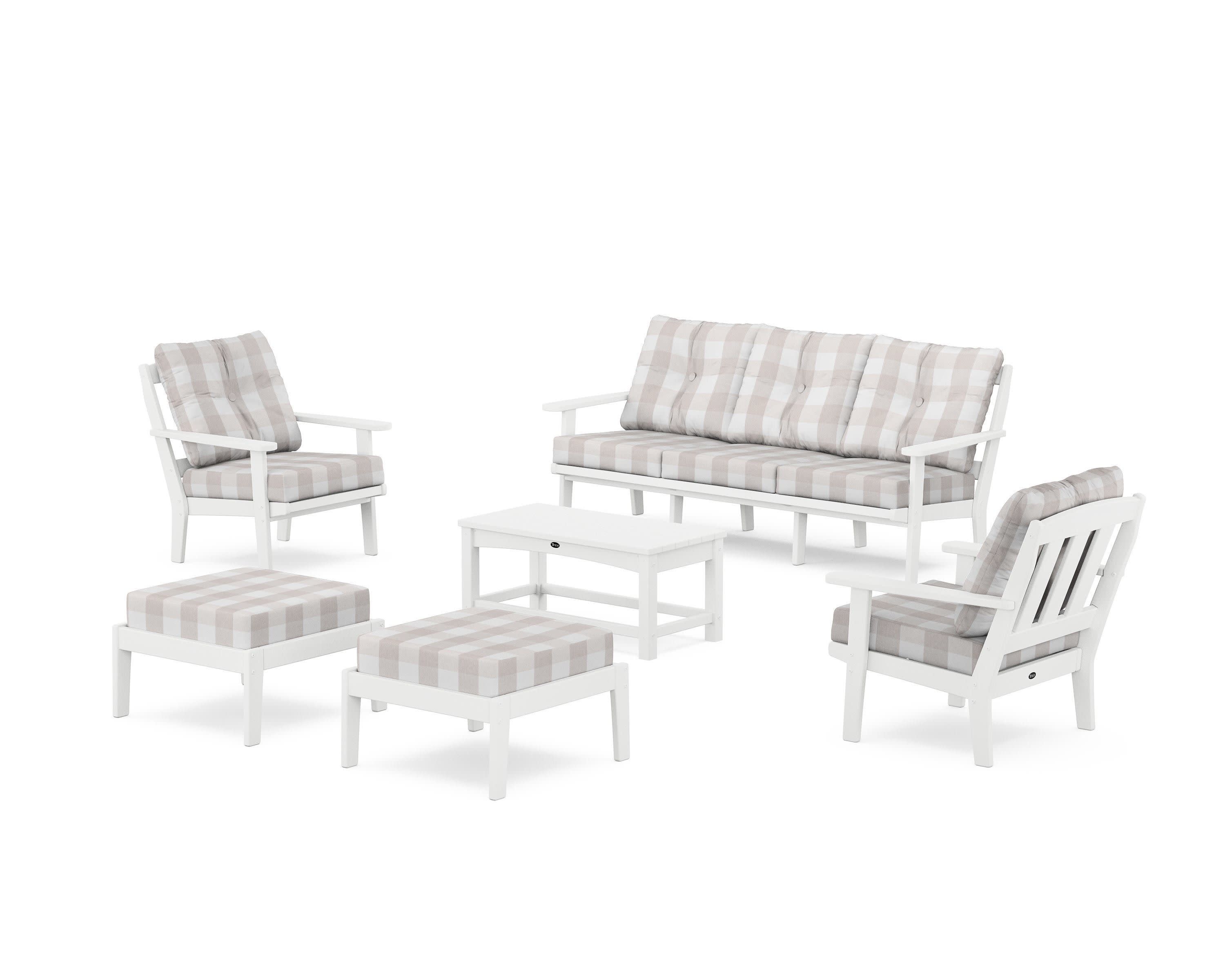 Cape Cod 6-Piece Lounge Sofa Set in Classic White / Buffalo Plaid Dune Burlap