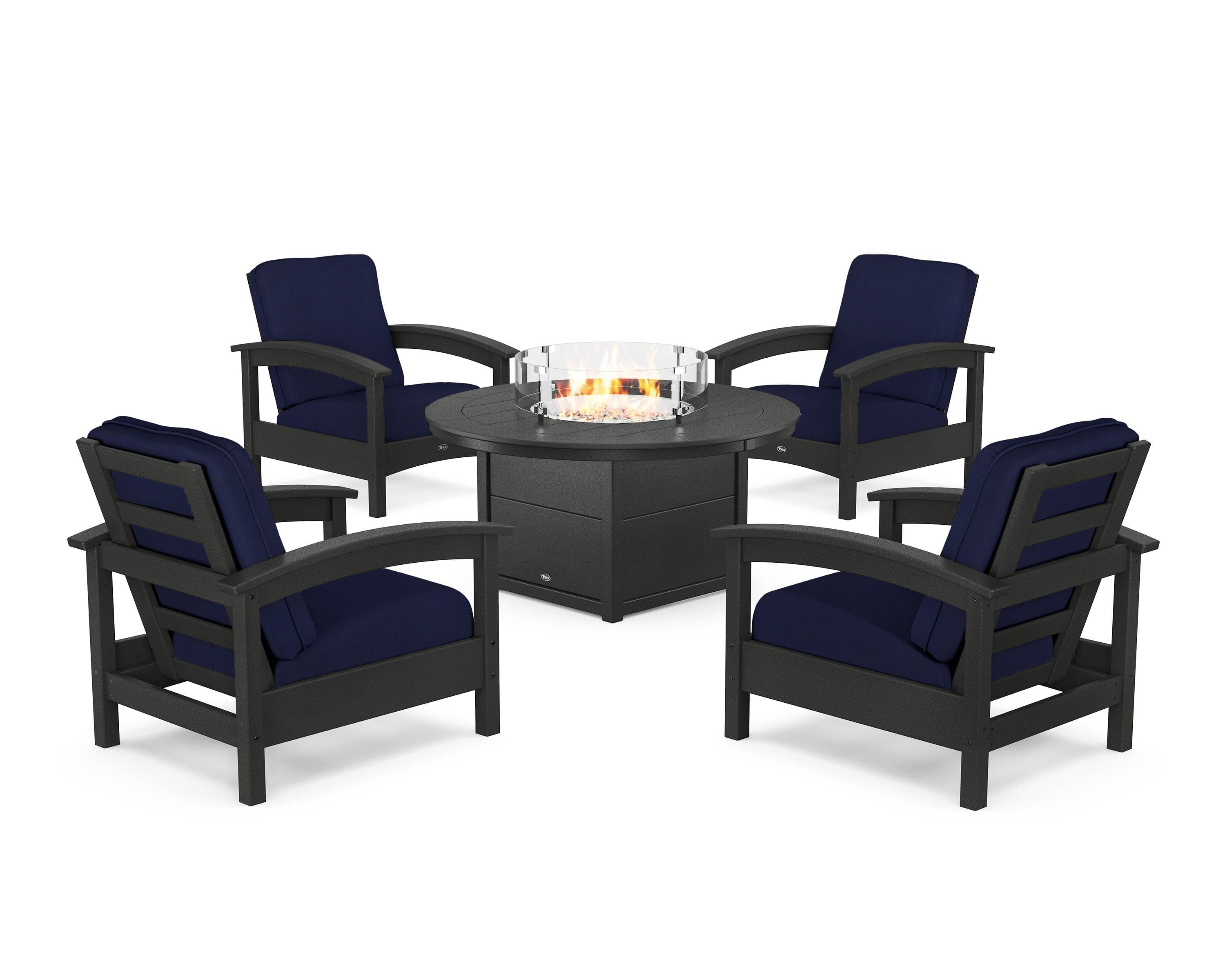Rockport 5-Piece Deep Seating Set with Round Fire Pit Table in Charcoal Black / Navy