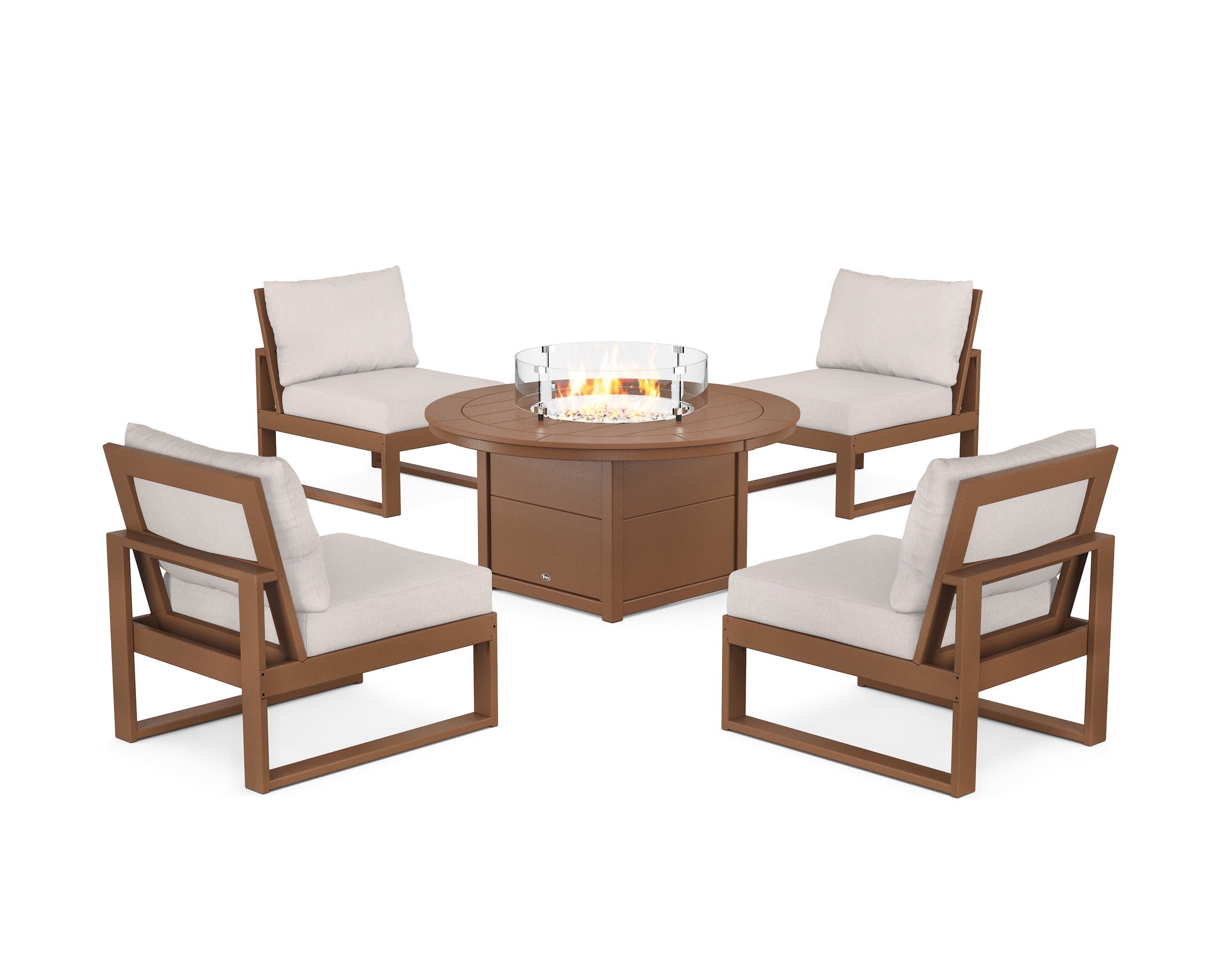 Eastport Modular 5-Piece Deep Seating Set with Round Fire Pit Table in Tree House / Dune Burlap