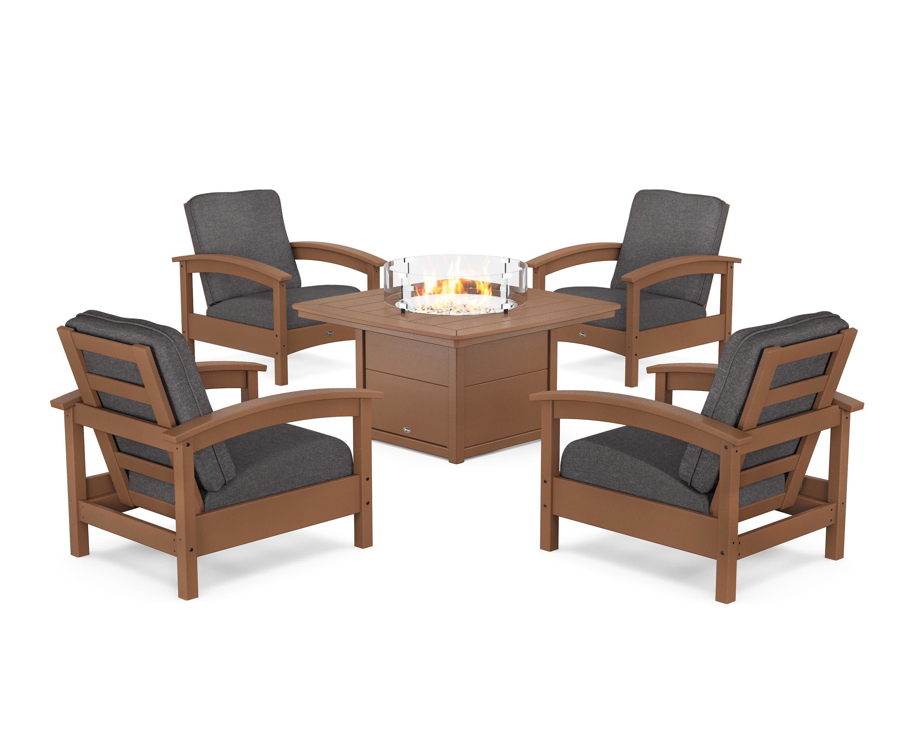 Rockport 5-Piece Deep Seating Set with Yacht Club Fire Pit Table in Tree House / Ash Charcoal