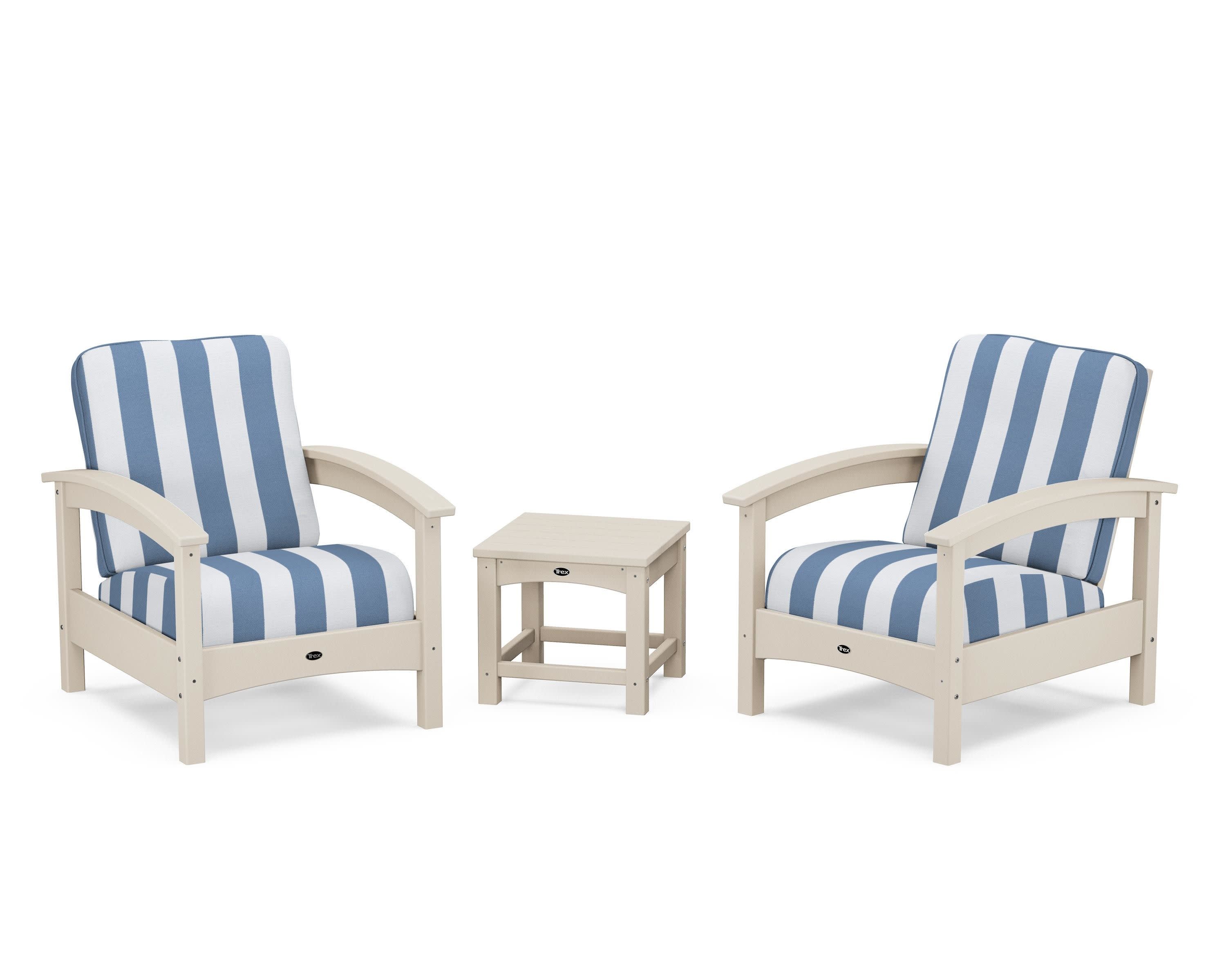 Rockport Club 3-Piece Deep Seating Conversation Set in Sand Castle / Cabana Stripe Sky Blue