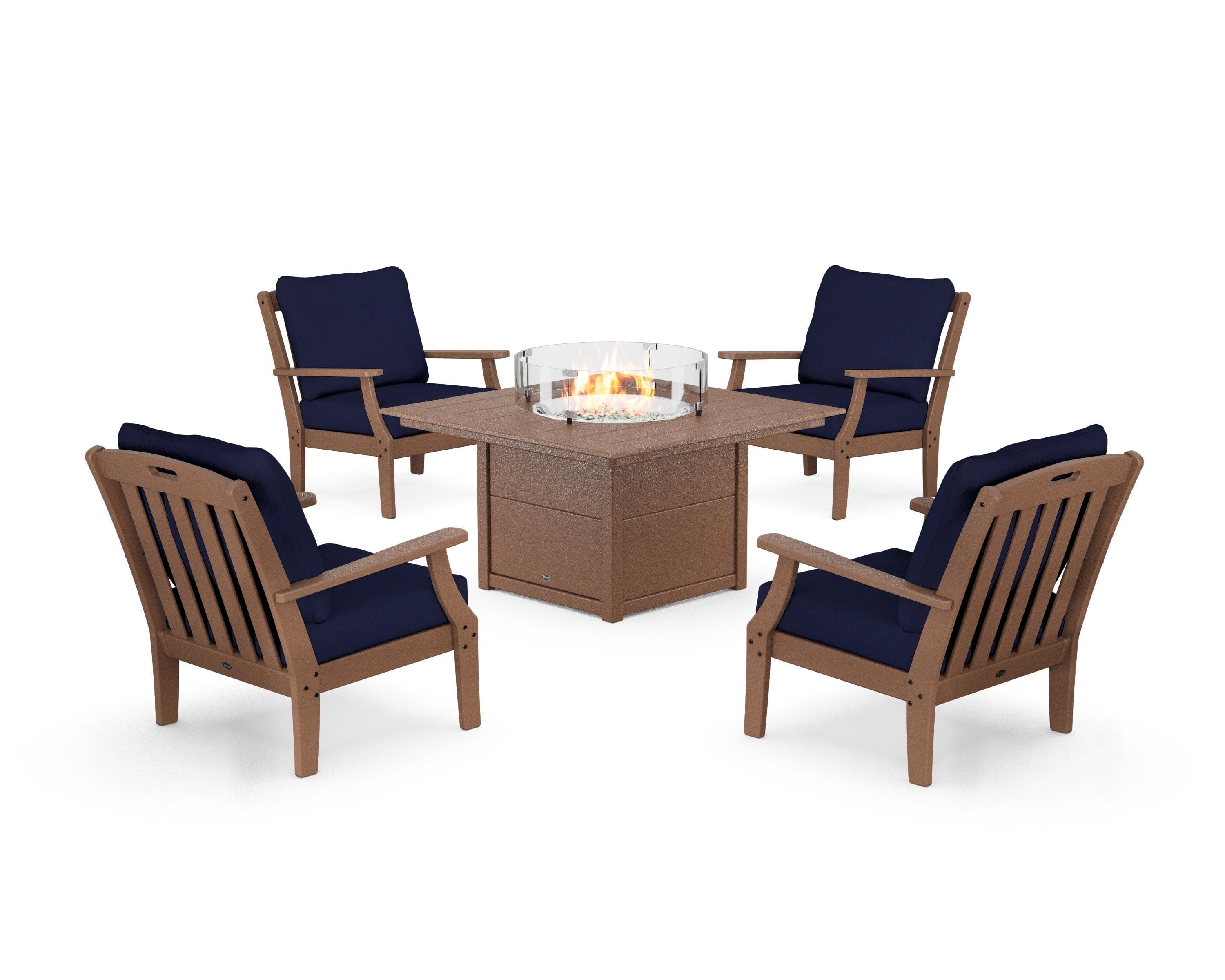 Yacht Club 5-Piece Deep Seating Set with Square Fire Pit Table in Tree House / Navy