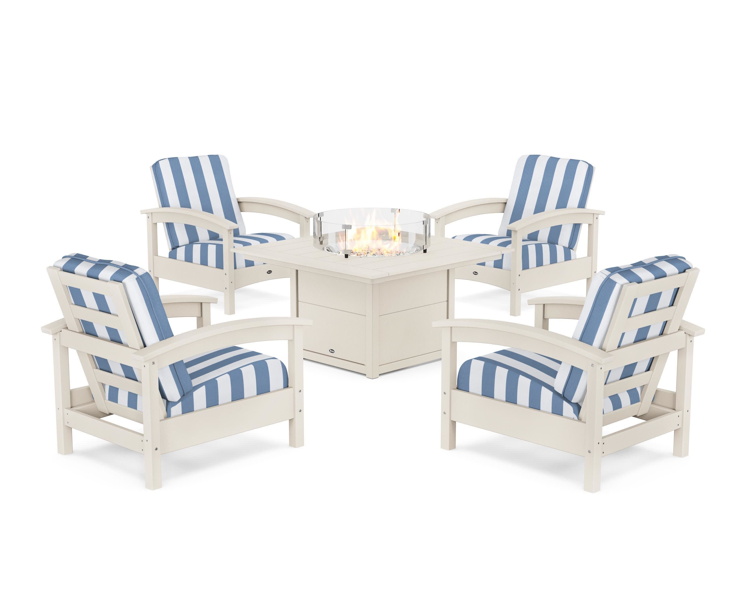Rockport 5-Piece Deep Seating Set with Square Fire Pit Table in Sand Castle / Cabana Stripe Sky Blue