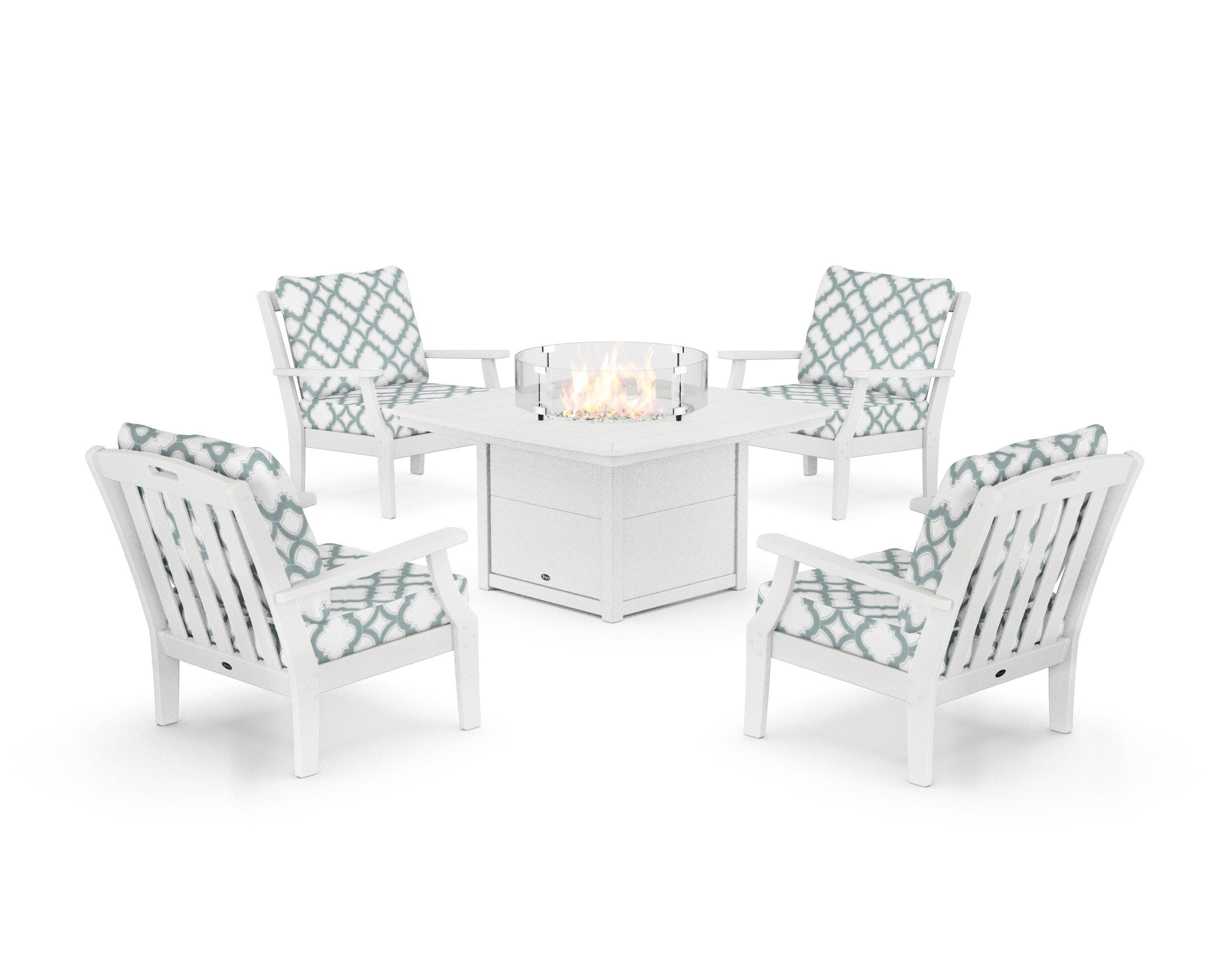 Yacht Club 5-Piece Deep Seating Set with Fire Pit Table in Classic White / Trellis Glacier Spa